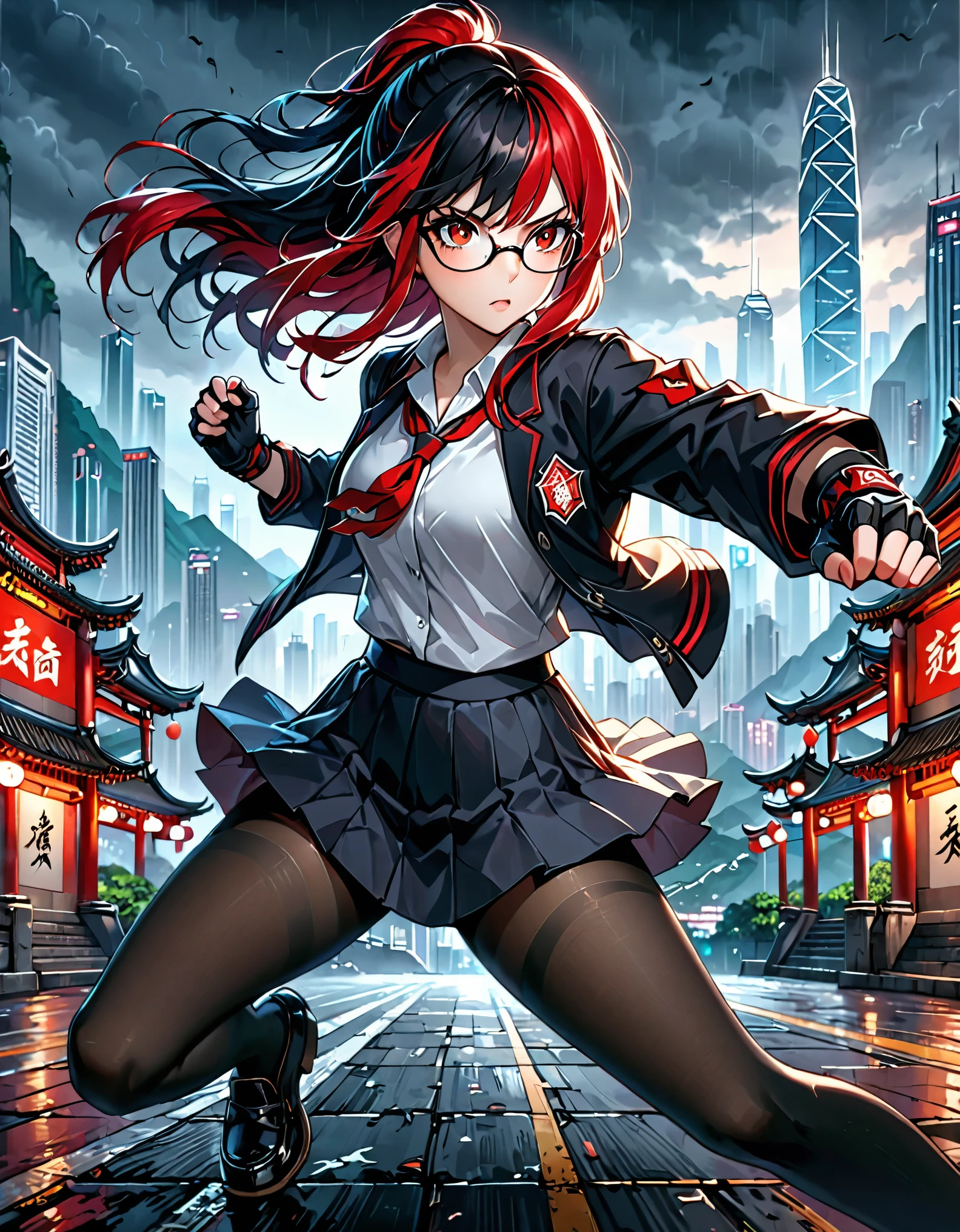 one girl, two-tone hair, long jet black hair(red hair), glasses,,((fingerless gloves)), school uniform, grey pantyhose, Long sleeve, Jacket, loafer,(best quality,4k,8k,highres,masterpiece:1.2),ultra-detailed, highly detailed portrait, Hong Kong backdrop, dark moody atmosphere, dramatic lighting, intense expression, dynamic pose, cinematic, detailed environment, intricate details, (dynamic fighting pose), kung fu fighter