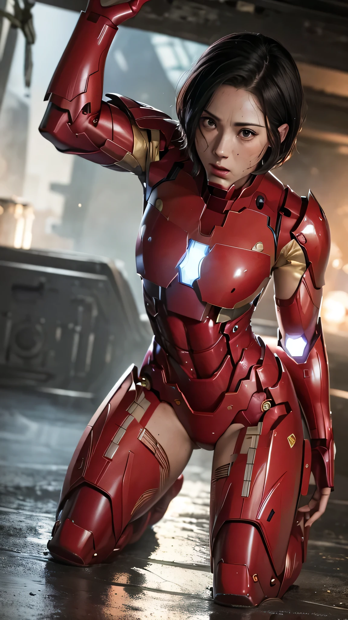 Highest quality　8k red armor　Iron Man Suit　Middle-aged women　　Sweaty face　　short hair　　Steam coming out of my head　My hair is wet with sweat　Black Hair　((Character Focus))　　Full body portrait　