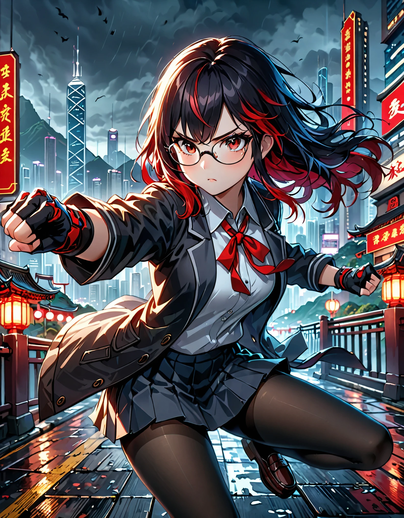 one girl, two-tone hair, long jet black hair(red hair), glasses,,((fingerless gloves)), school uniform, grey pantyhose, Long sleeve, Jacket, loafer,(best quality,4k,8k,highres,masterpiece:1.2),ultra-detailed, highly detailed portrait, Hong Kong backdrop, dark moody atmosphere, dramatic lighting, intense expression, dynamic pose, cinematic, detailed environment, intricate details, (dynamic fighting pose), kung fu fighter