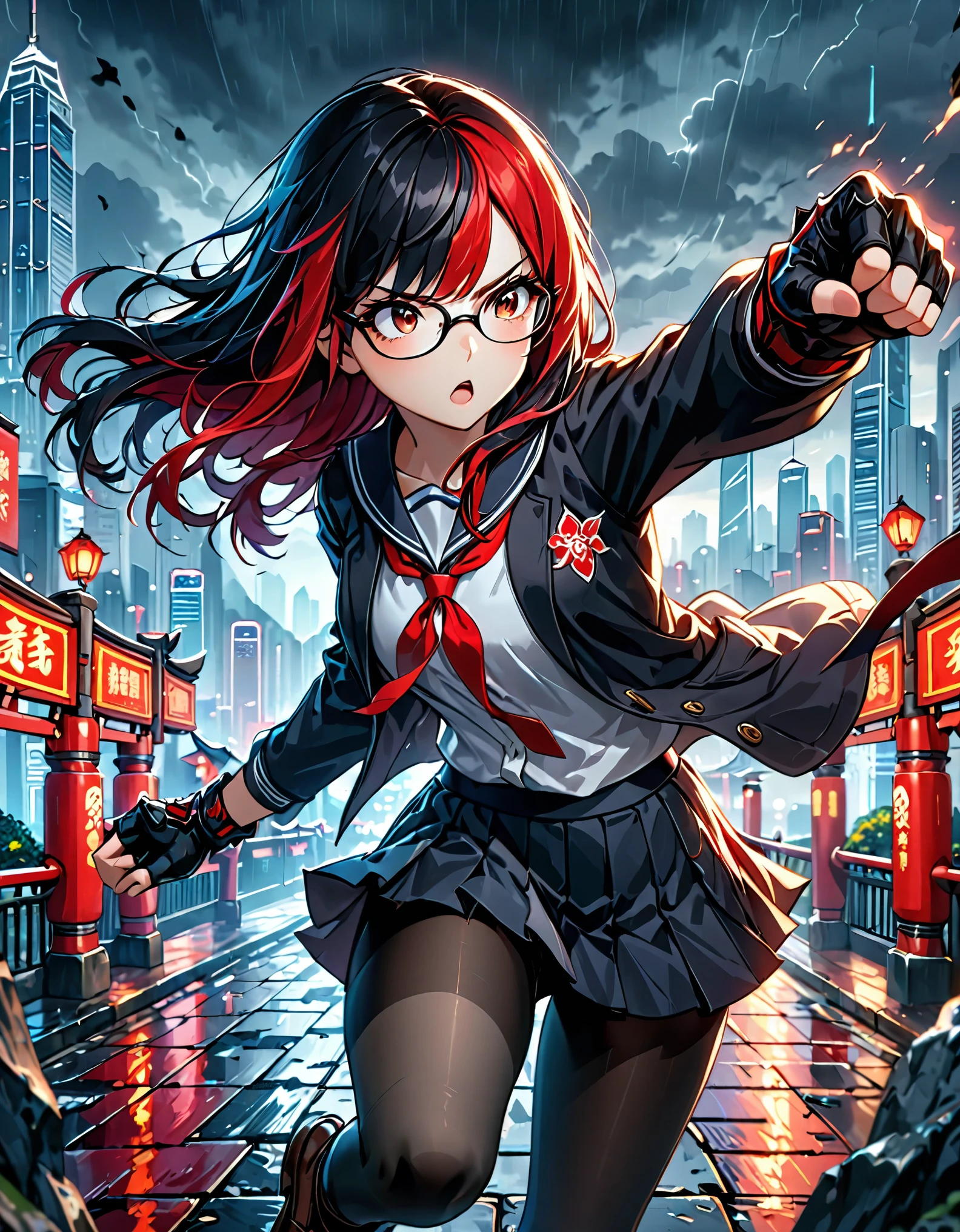 one girl, two-tone hair, long jet black hair(red hair), glasses,,((fingerless gloves)), school uniform, grey pantyhose, Long sleeve, Jacket, loafer,(best quality,4k,8k,highres,masterpiece:1.2),ultra-detailed, highly detailed portrait, Hong Kong backdrop, dark moody atmosphere, dramatic lighting, intense expression, dynamic pose, cinematic, detailed environment, intricate details, (dynamic fighting pose), kung fu fighter