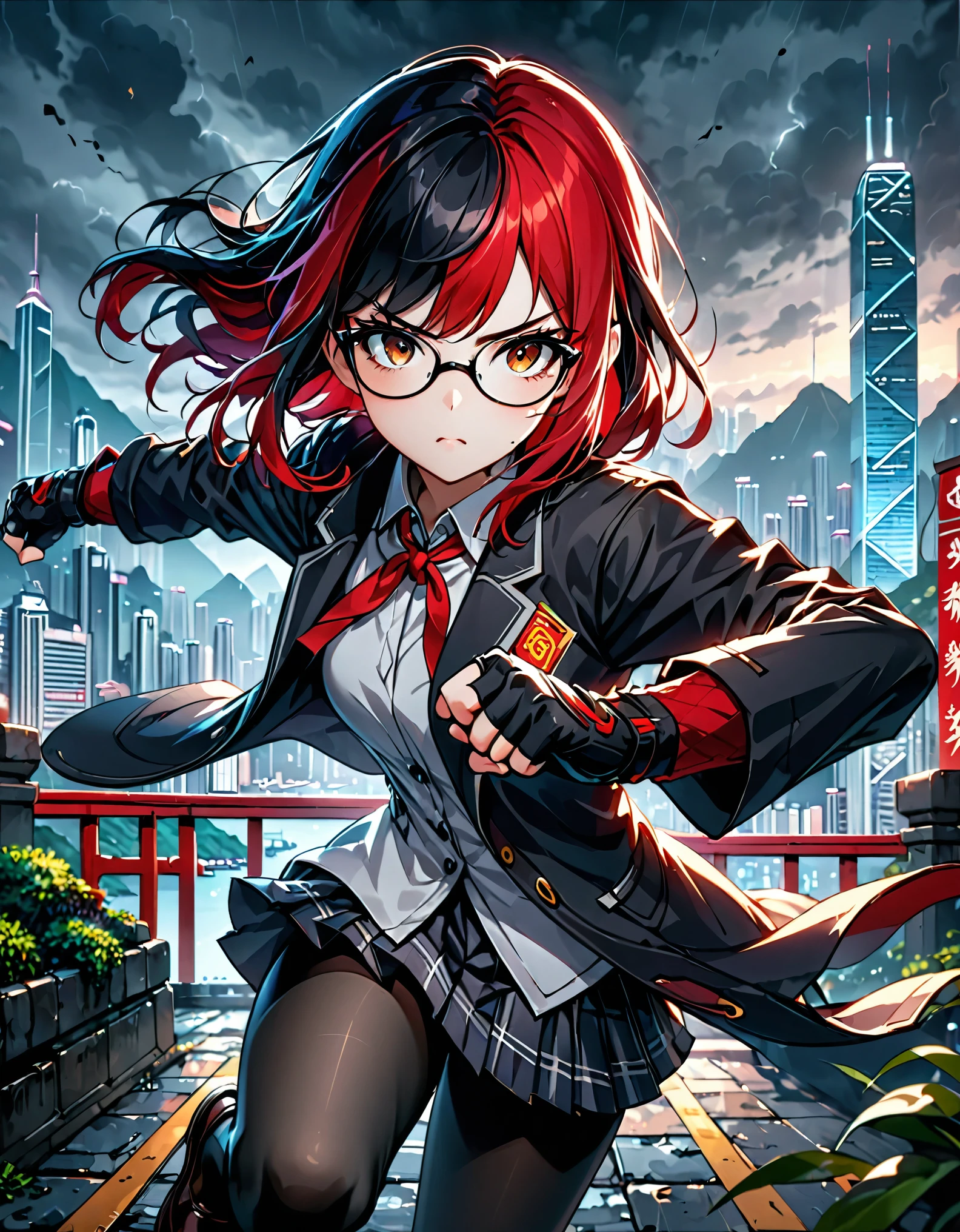 one girl, two-tone hair, long jet black hair(red hair), glasses,,((fingerless gloves)), school uniform, grey pantyhose, Long sleeve, Jacket, loafer,(best quality,4k,8k,highres,masterpiece:1.2),ultra-detailed, highly detailed portrait, Hong Kong backdrop, dark moody atmosphere, dramatic lighting, intense expression, dynamic pose, cinematic, detailed environment, intricate details, (dynamic fighting pose), kung fu fighter