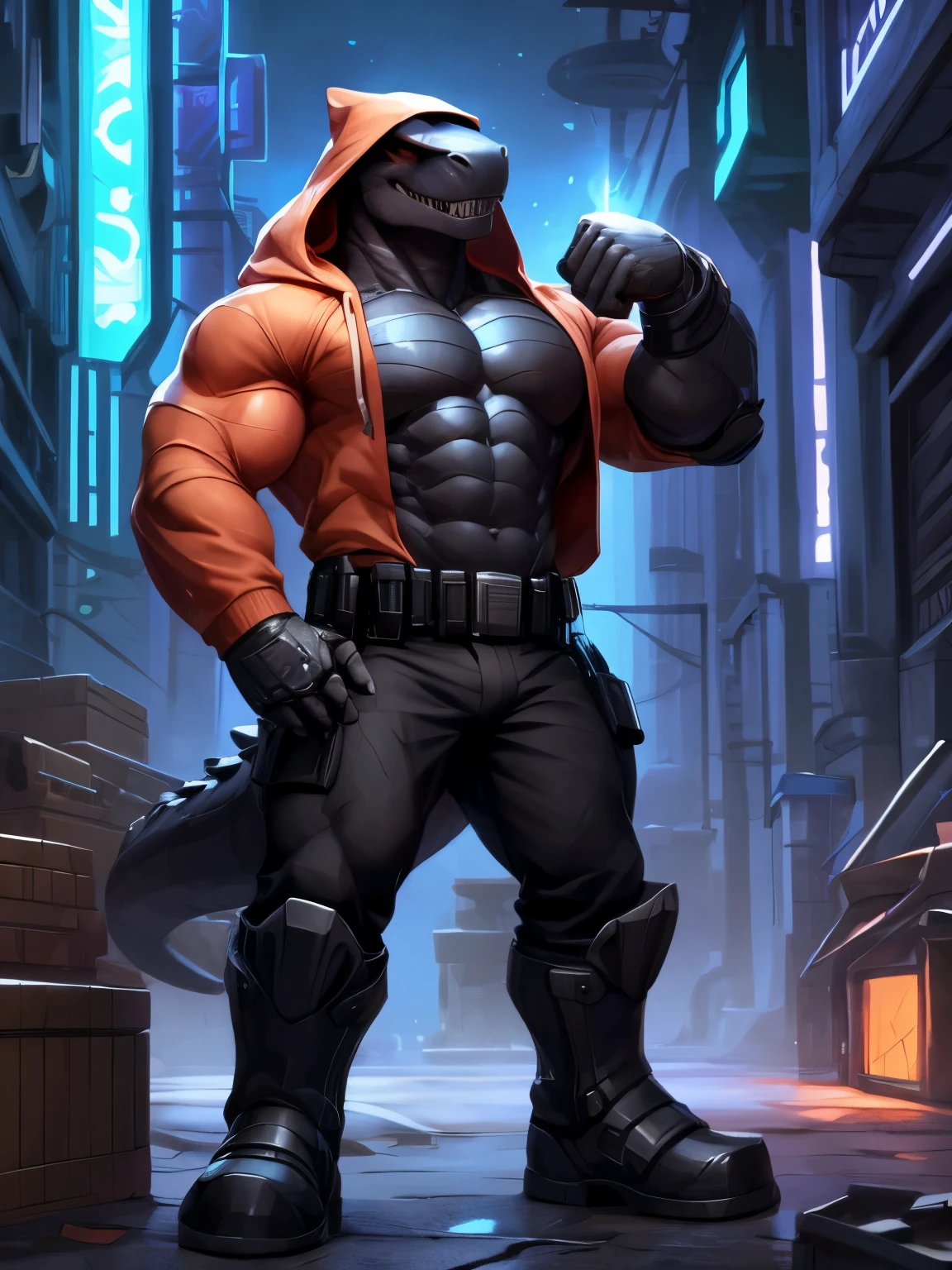 Solo, Anthro, Scalie, anthro reptile, black scales on body, black scales, white torso, t-rex sculpt face, (Masterpiece, 8k, by null-ghost, hi-res), muscular, hooded, shade that hides the eyes, (sleeve less hoodie), orange hoodie, mechanical metal forearm, pointy teeth, toothy grin tall, black camo pants, utility belt, bags on belt, Cyberpunk, merchant stand, cyberpunk scientist, utility belt, other arm on waist, crates, ((Right mechanical forearm, energy glowing forearm)) (flask on utility belt), flexing left arm, big biceps, hoods on head, (shadow over the eyes), can't see eyes, night themed neon light, night time, glowing city, passers by, War boots, ((right arm on waist)) , wide body, muscular body, stomping on a body, sitting on a crate, flask in hand, sitting, manspreading, boot on dead body face down.