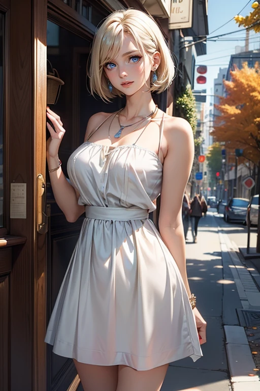 Woman, blonde hair, Blue eyes,, dress, soft smile, Necklace