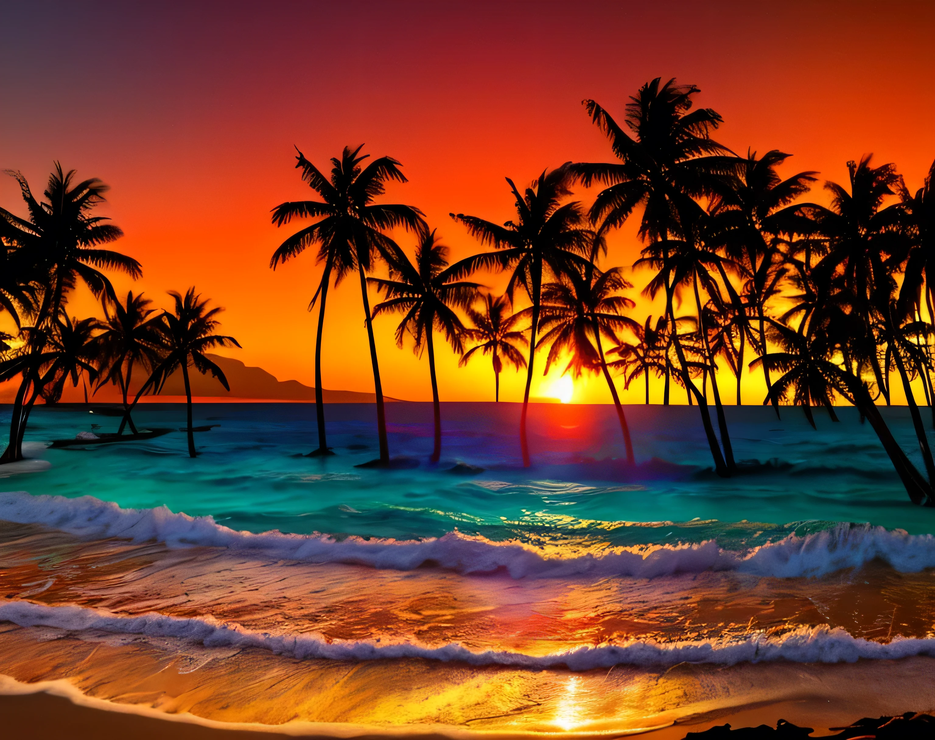 Lush tropical island view, Gentle waves on the beach, Palm trees, Dense tropical forest deep in the hills. Dramatic red orange sunset.
High contrast and high saturation, Very detailed, high quality, masterpieceMysterious, Particle Effects, (Dust, Wind gusts:1.07), ボリュームLight, Light, Goldsmith, Vibrant colors, Bokeh, Deep written boundary.
