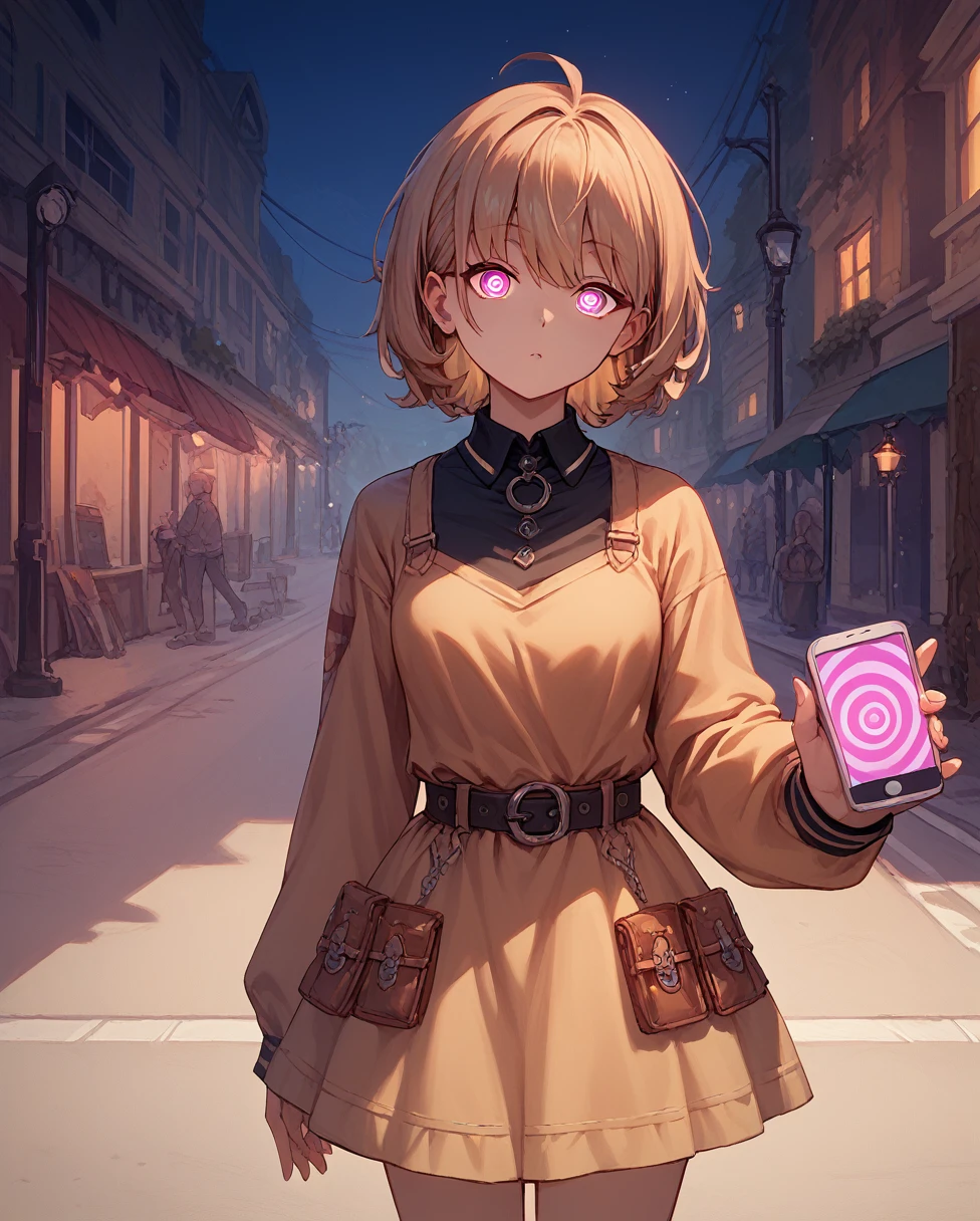 Score_9, Score_8_up, Score_7_up, sauce_Anime BREAK 1 Girl, throw, Hypnosis, Standing, Night Street, heart-shaped pupils, bangs, dress, belt, Brainwashed, , looking at viewer, gap, Telephone, heart, Eye symbol, Light brown hair, evaluation_Questionable