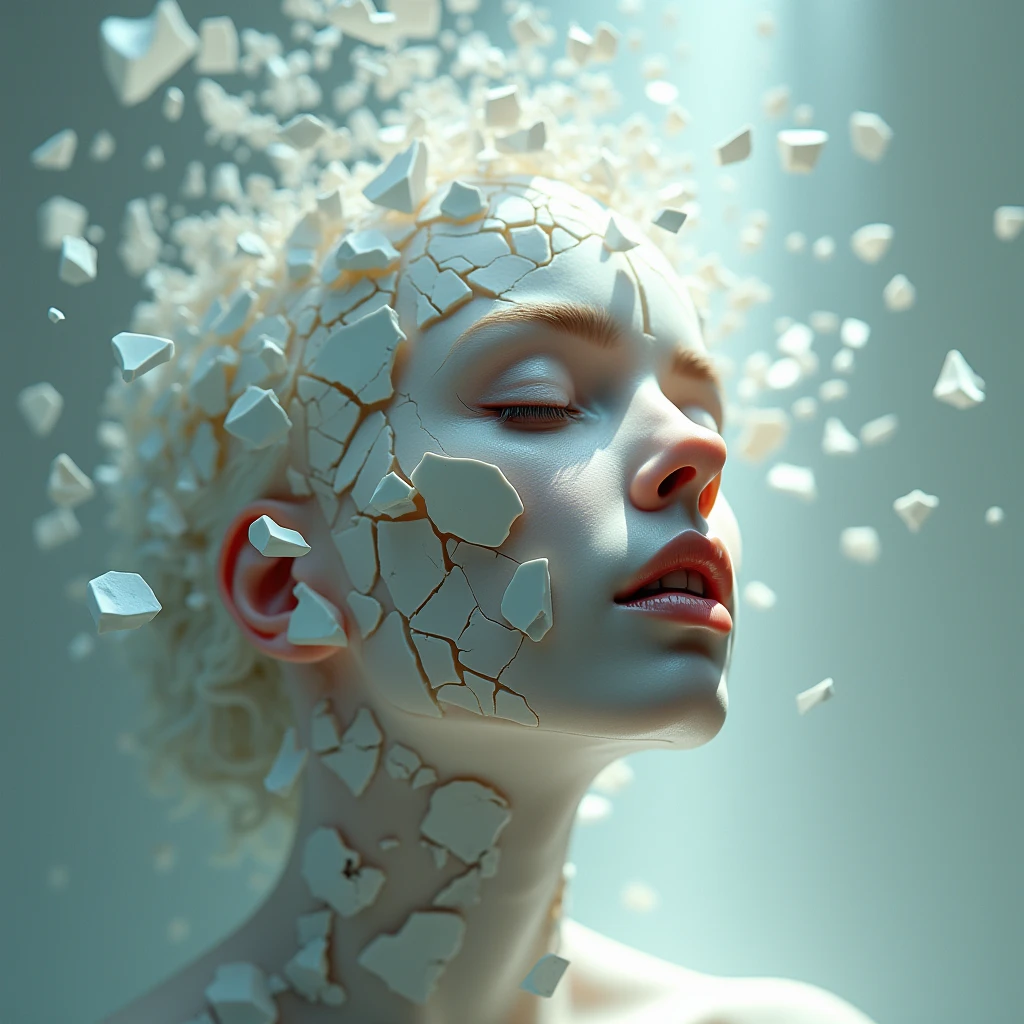 A delicate, hyperrealistic digital painting of a woman's face, as if made of fine porcelain, cracking and shattering into countless fragments. The shards of her face are suspended in a beam of light, revealing intricate details of her anatomy. The overall tone is ethereal and dreamlike, with soft, pastel colors and a sense of fragility. Cinematic lighting, 8K resolution, hyperdetailed, intricate, HDR, soft focus, bokeh.