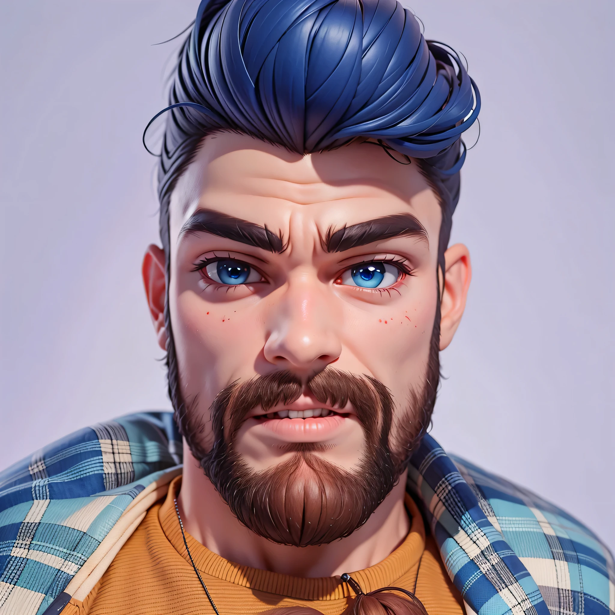(resting on fruits) (Best Quality, 4k, 8k, high resolution, Masterpiece: 1.2), ultra detailed, Male portrait, medium closeup, very detailed face, detailed facial features, spectacular lighting, close-up, from above, anatomically correct, super detail, full blue beard and short blue hair, smile, wink, hairy chest.