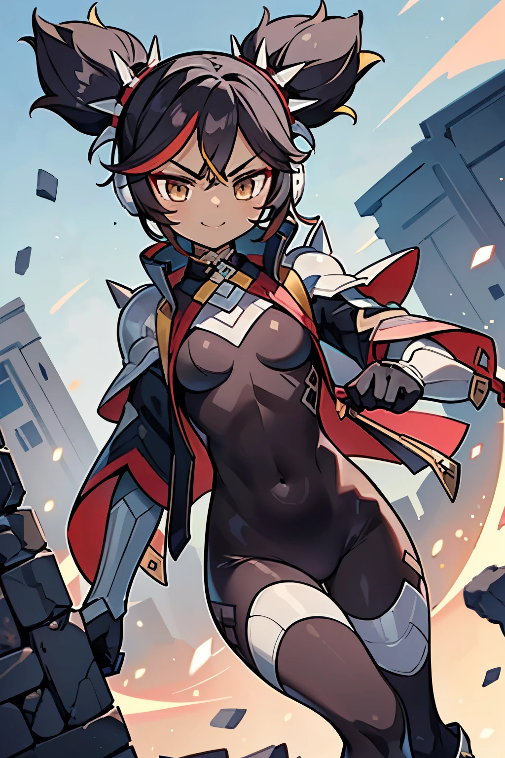 (Best quality, anime style, good anatomy)reploid armor, Xinyan(Genshin_Impact),1 girl, dark skin, brown eyes, angry, smile, black hair, short twintails, spike scrunchies, headphones, black bodysuit with red details, grey jacket, black gloves, z-saber(Megaman), grey boots, chinese ruins, colorful