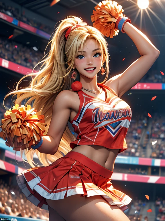 hot blonde cheerleader,cheerleading outfit,pom-poms,in motion,energetic,enthusiastic,beautiful detailed eyes,beautiful detailed lips,blonde hair flowing,curly hair,bright smile,fit physique,excitement,crowd cheering,vibrant colors,best quality,ultra-detailed,photorealistic,portrait lighting,bold and dynamic poses,fierce determination,stadium lights,exhilarating performances,cheerleading competition,athletic stunts,high jumps,fast-paced routines,great teamwork,dynamic formations,backflips,powerful kicks,flexible stretches,incredible athleticism,flawless timing,electric atmosphere,amazing acrobatics,intense expressions,megaphone shouting,cheers and chants,confident and poised presence,cheerleading championship