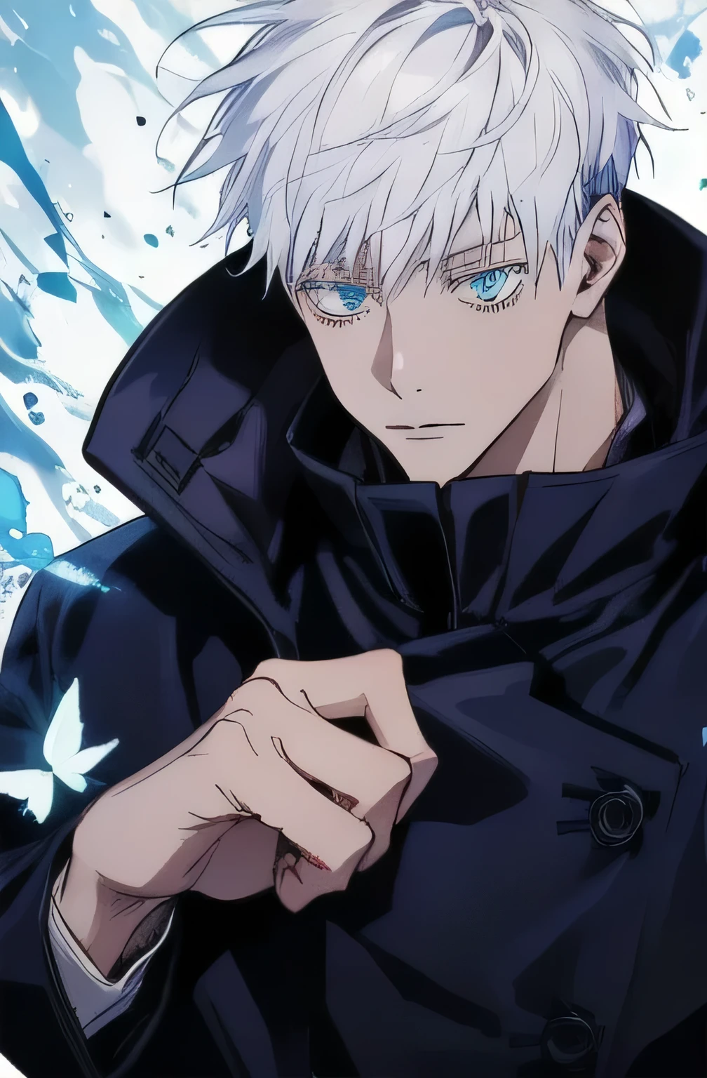 (Absurd, High resolution, ultra detailed, High resolution, Super detailed, High resolutionHigh resolution) masterpiece, Best Quality, 1 male, Perfect Face, Delicate features, Satoru Gojo, White messy hair, Short Hair, Expressive blue eyes, Aquamarine Eyes, White eyelashes, Looking at the camera,Black T-shirt, Jujutsu Kaisen, The S-class I raised, Alone,  man, good looking, Lifted , Black coat, Black tight shirt, Magical, flowerびら, flower, butterfly