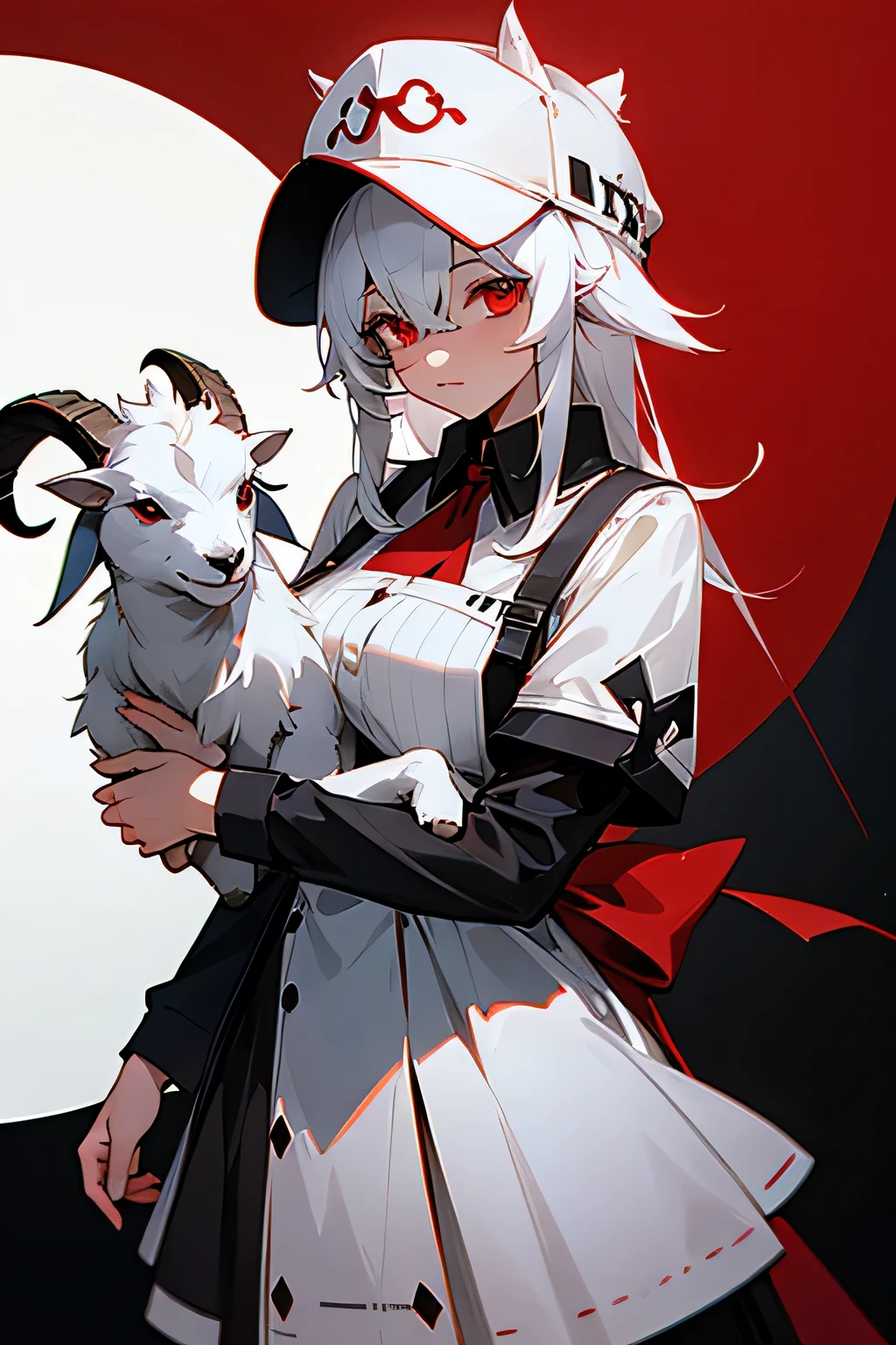 A girl with pale skin, short black hair with red streaks ((dark red)), bright red eyes, has two white goat chests on her head, one of which is broken, wears a sweatshirt with a red pentagram, has goat hooves on her head. place for the feet, and a long cause made of bones