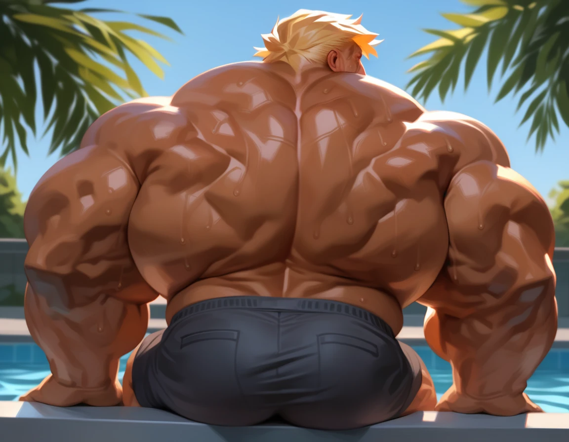 solo, 1boy, Muscular Old man, (wide shoulder, thick shoulder, wide back, massive back muscle, back view), thick arms, sitting on pool, short blonde hair, detailed, back view, shorts, sweat, shirtless, masterpiece, semirealistic:1.2, high detailed, 8k, high resolution