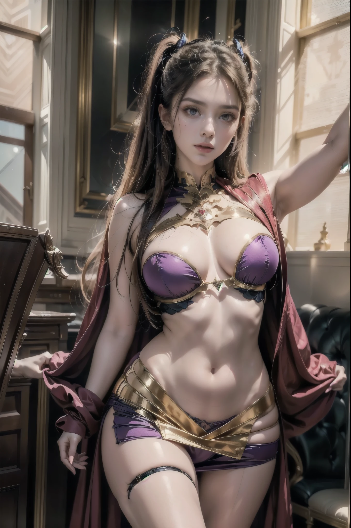 woman in costume posing in a room, sakimichan frank franzzeta, extremely detailed artgerm, Ilya Kuvshinov e Artgerm, portrait knights of the zodiac girl, highly detailed exquisite fanart, painted in anime painting studio, made with anime painter studio, detailed anime digital art, Krenz Cushart and Artgerm, 
body proportions, (Chapped lips:1.4), (blush de nariz:1.2), foreshortening, black cuts, (eye contact), High contrast, ultra high resolution, high resolution, detailed, Clean face,  (sensual face:1.5), (big purple eyes:1.2), (ultra-detailed eyes:1.4), (High resolution eyes:1.1), (ultra detailed skin texture:1.4), PERSEPHONE, Persephone, Persephone, (SFW:1.5),  (full body:1.8), (upper body up:0.3), (hyper realistic:1.4), (realistic:1.3), (best quality real texture skin), Detailed eyes, detailed face,
