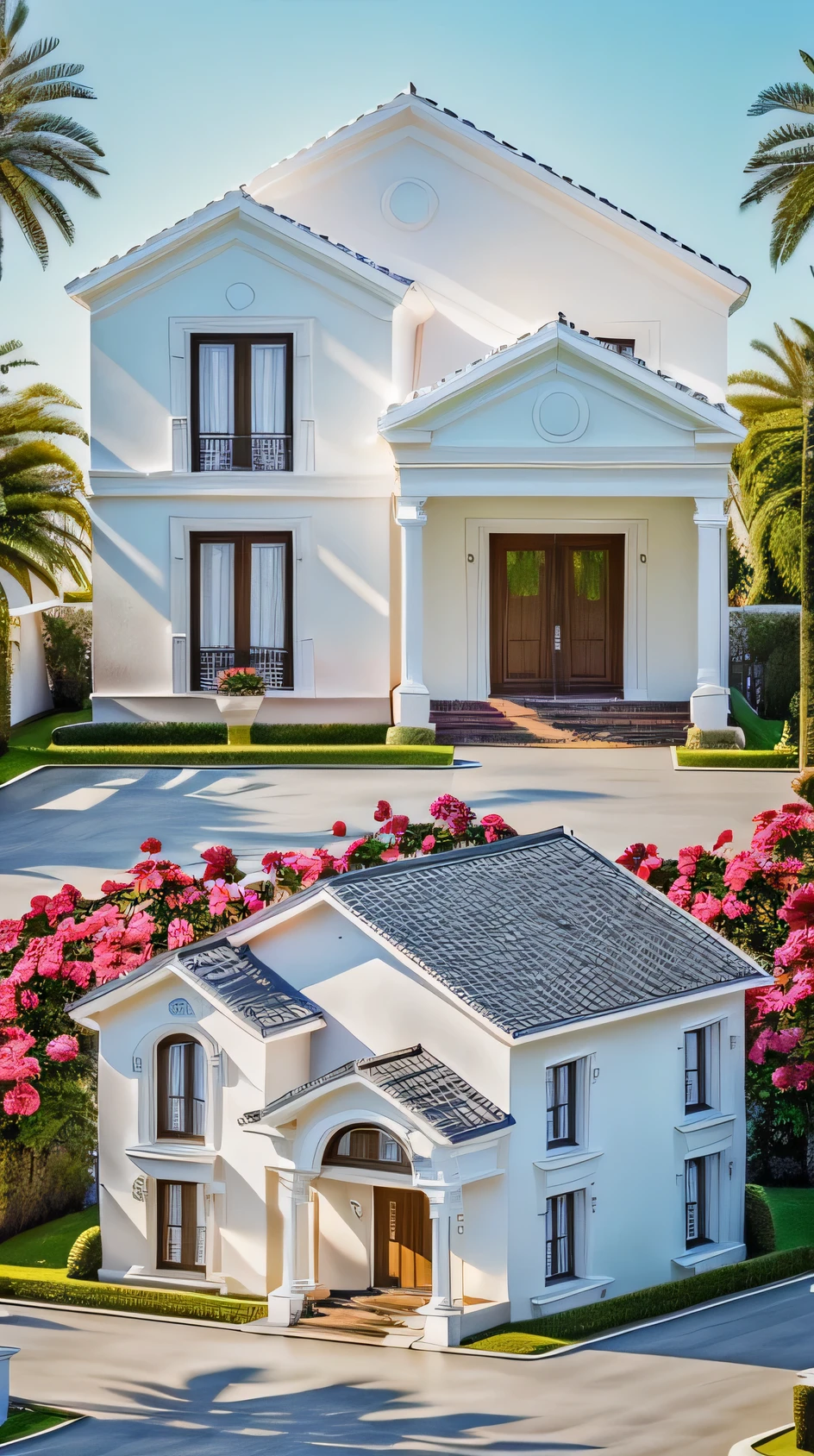 1 neoclassical style house, The town house is made from white walls, beautyful light, beautyfulday, sunny, Many red bougainvilleas along the road:1.3, lovely youthful feeling :1.2, sunlight at 12 noon, Very beautiful shadows