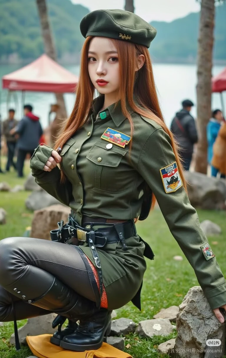 female model, dirty neck-length red hair, sweaty, slutty, medium perfect , wearing skimpy camo outfit, happy and excited, great composition. sexy pose, very slutty green military outfit, masterpiece, vibrant, professional photo, full body, anime style, grey background, sexy, nsfw, getting up off ground