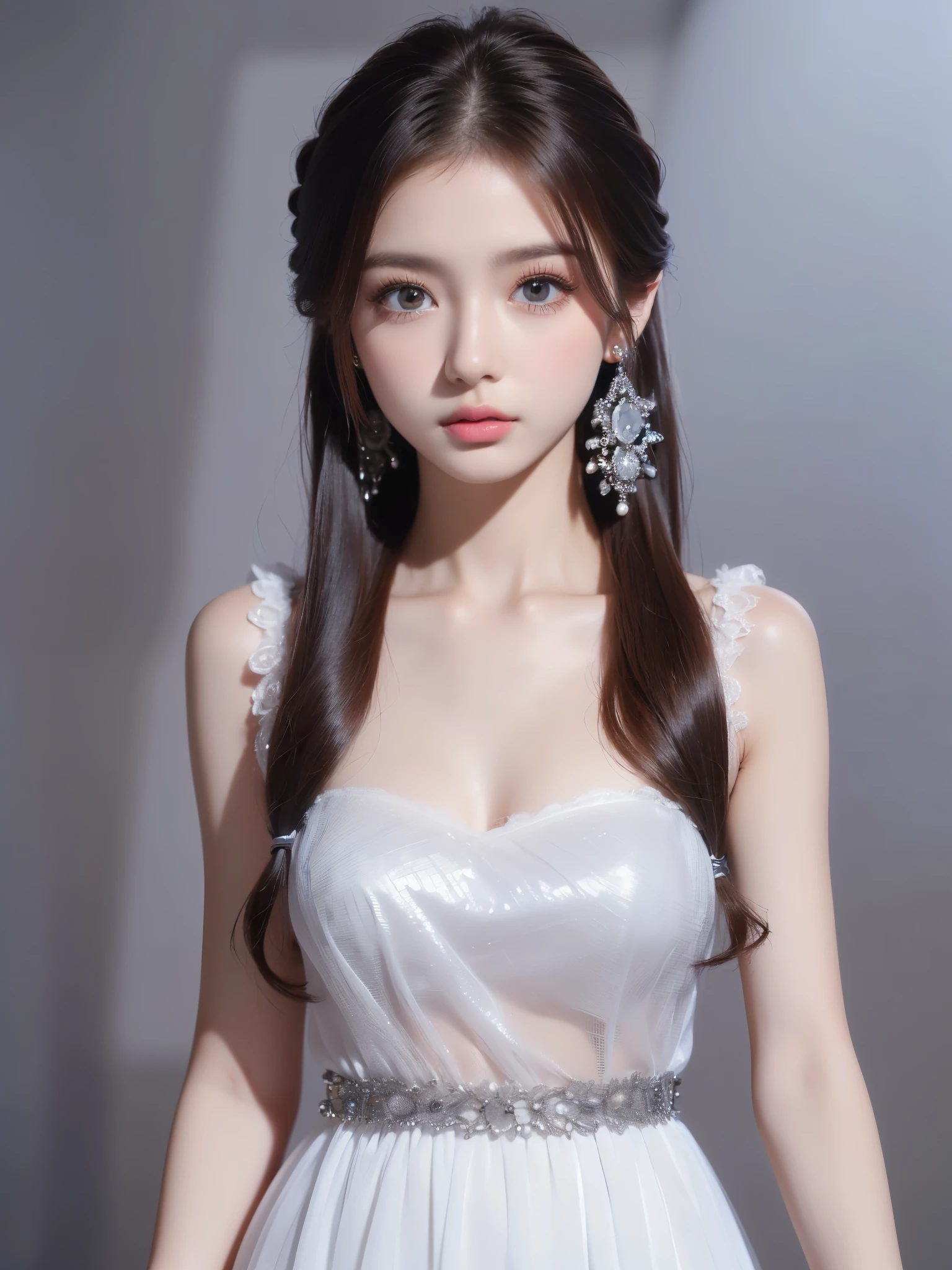 (UHigh resolution, retina, masterpiece, Accurate, Anatomically correct, Textured skin, Super Detail, Attention to detail, high quality, 最high quality, High resolution, 1080P, High resolution, 4K, 8k, 16k), (美しいAttention to detail目, Beautiful lip detail, Highly detailed eyes and face), Soft lighting, Physically Based Rendering, Vibrant colors,(((最high quality,masterpiece, 高精細CG8kイラスト, Highly detailed face and eyes,masterpiece, 最high quality, Alone, One girl, Glowing Skin, Earrings,Bright lighting, Splendid, Whimsical details,  Fascinating,clothing:dress,Hairstyle: Upstyle,accessories: Simple Bracelet,background:A space based on white and grey,Shallow depth of field, Contrasting,Detailed eyes,Symmetrical eyes,))), (Glowing Skin), (Urzan-6500:0.33),(((Full Body Shot,Full Body Shot,Portrait)))