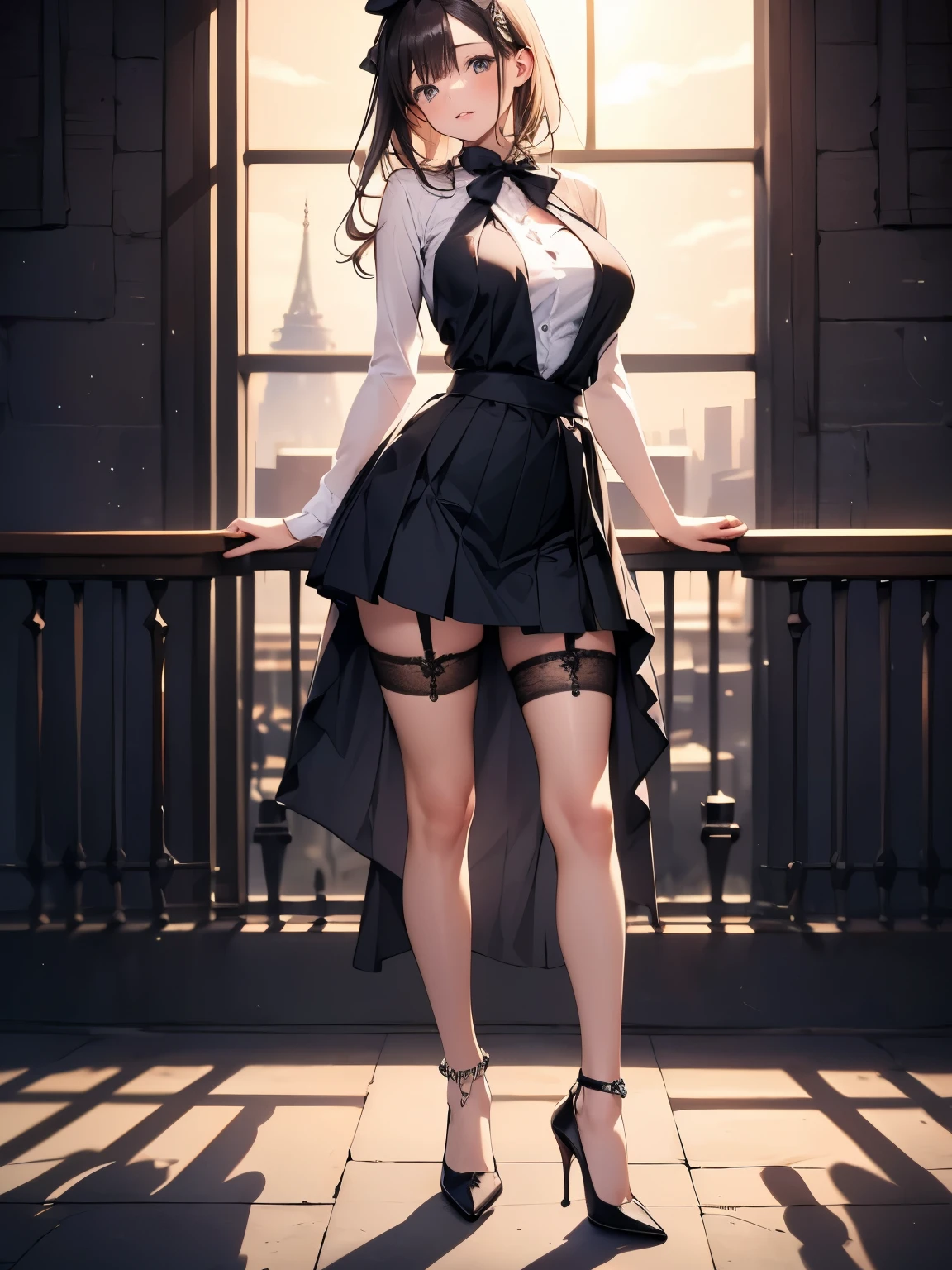 (Full body shot:1.3), Must show your face, anatomy correct, Stocking tights must be worn, The character wears a floral dress of any color，Complex and diverse campus background，Strangling effect, High-heeled leather shoes, anklet, leg loops, collars, Heavy makeup, A shallow laugh, hyper HD, Ray traching, structurally correct, Award-Awarded, high detal, lightand shade contrast, Face lighting，cinmatic lighting, tmasterpiece, super detailing, high high quality, high detal, best qualityer, 16k