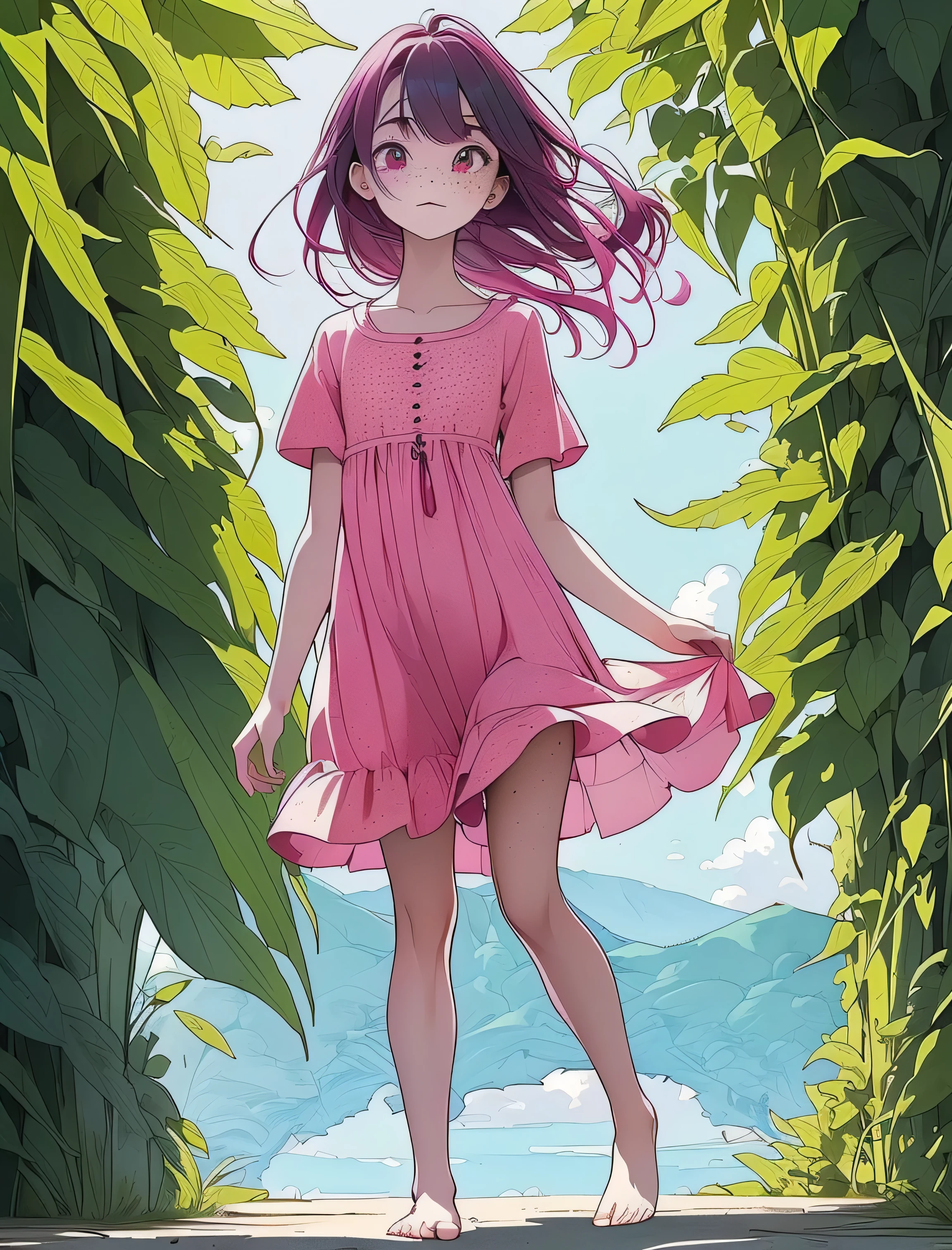 (masterpiece, high-quality, Mystical, ideal ratio of body proportions), (ultra high resolution, 8K, 16k, natural lighting, textile shading), (1 beautiful anime girl:1.3, solo:1.5,), alone, shiny skin, BREAK, 1girl, watermelon girl, (((pink eyes))), (((dark green hair))), (((freckles))), watermelon striped dress, barefoot, ((inbalance posture)), fantastic colorful art, (fantasy image:1.2), ((correct anatomy:1.5, perfect anatomy:1.3, correct hand, small foot:1.2)), (((walking))), small chest,