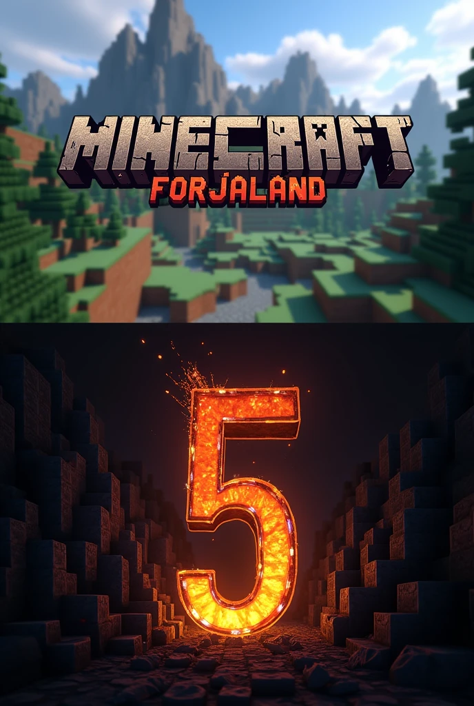 a logo that says forjaland 5 with a minecraft background like for a series of mods , that the text is thicker and has something related to a forge , 2 a 3 ideas 