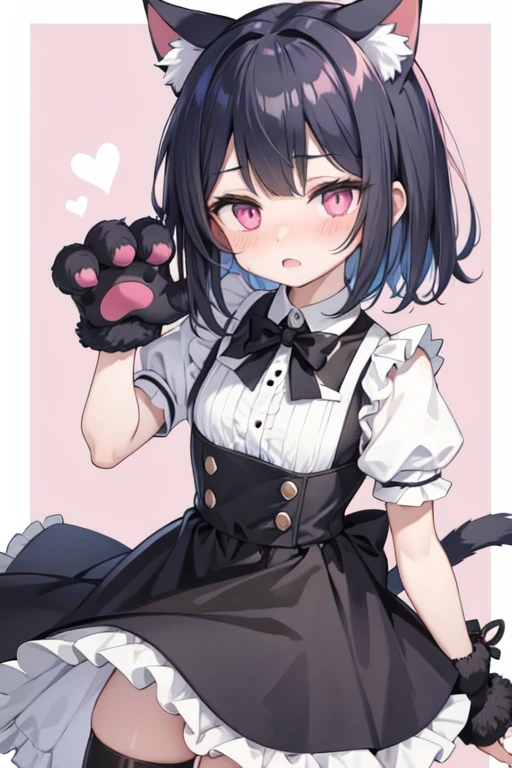 Male, black hair、Very short hair and droopy eyes、Pink eyes, cat ears, animal hands, blushing, young, short sleeves、The skirt is short、Maid uniform