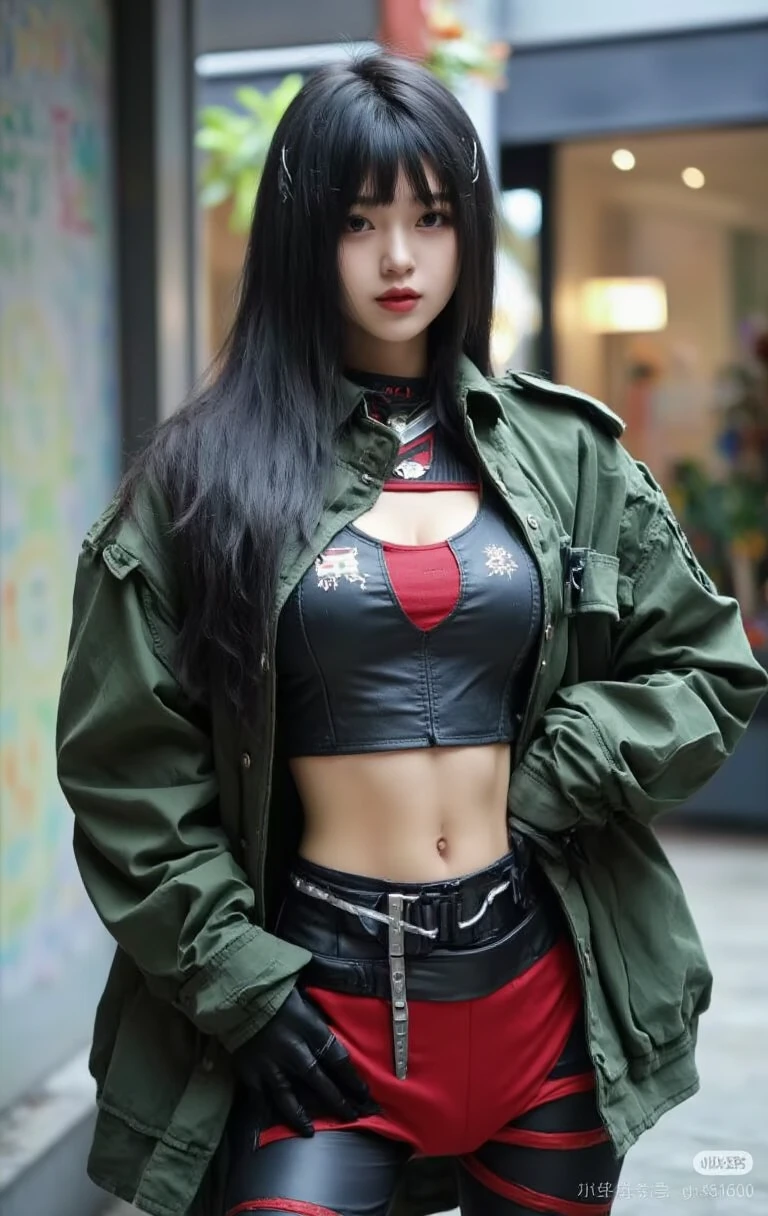 1girl, very long straight black hair, thick hair, detailed face, thick eyeshadow, cold filter, arabs, gothic style, intricate leather design green jacket, frilly black shirt, black veil, red lips, blue pupils, (navel piercing:1.2), (looking at viewer:1.2), gigantic breasts,