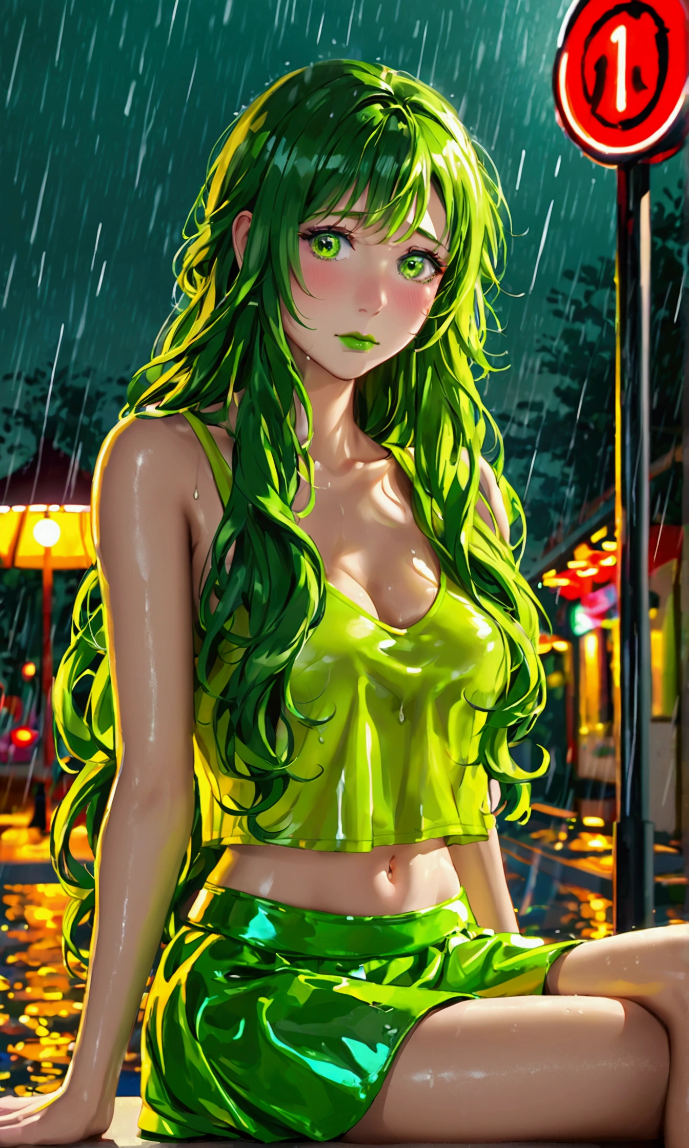 (best quality,ultra-detailed,highres,masterpiece:1.2),photorealistic,woman,drenched in liquid slime,drenched to the core,detailed eyes,lips,face,long eyelashes,wet hair,wet clothes,shiny skin,full body,fitted jeans,long claws on jeans,t-shirt,high heels,confident pose,catching the light,liquid texture,glossy surface,vivid colors,dark and mysterious background,luminous lighting,emphasizing the slimy effect,reflecting the slimy surface,high contrast,highlighting the figure,liquid drops,creating a sense of movement and fluidity