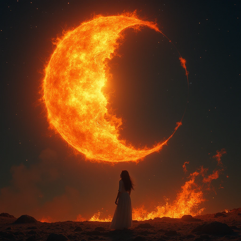 An ancient naked extraordinarily long red-haired, , with a glow of fire from her burning hair, woman from a distant planet balanced gracefully on a cliff's edge. She found serenity in the universal language of yoga, bridging the cosmos with every breath. Het hair blowing in the violent wind.