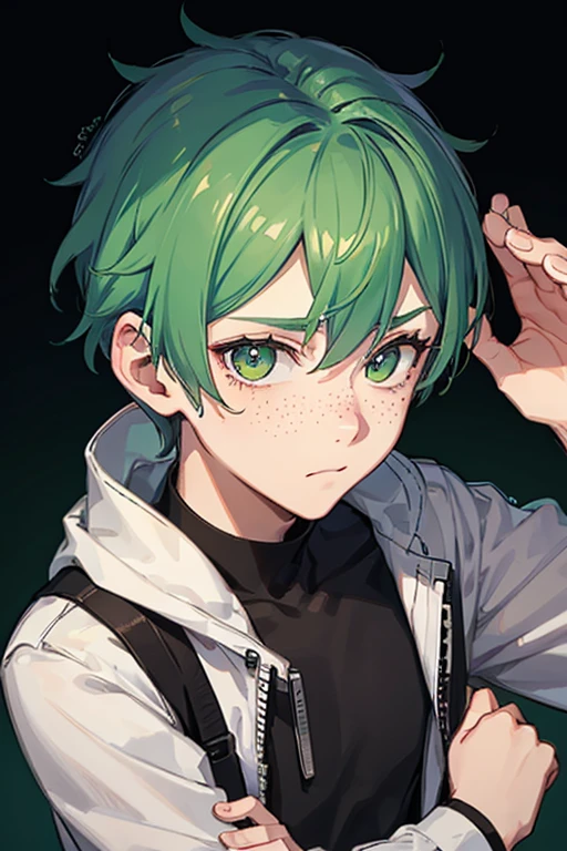 a 1 boy with marked green hair and green eyes with 1 inch freckles.65