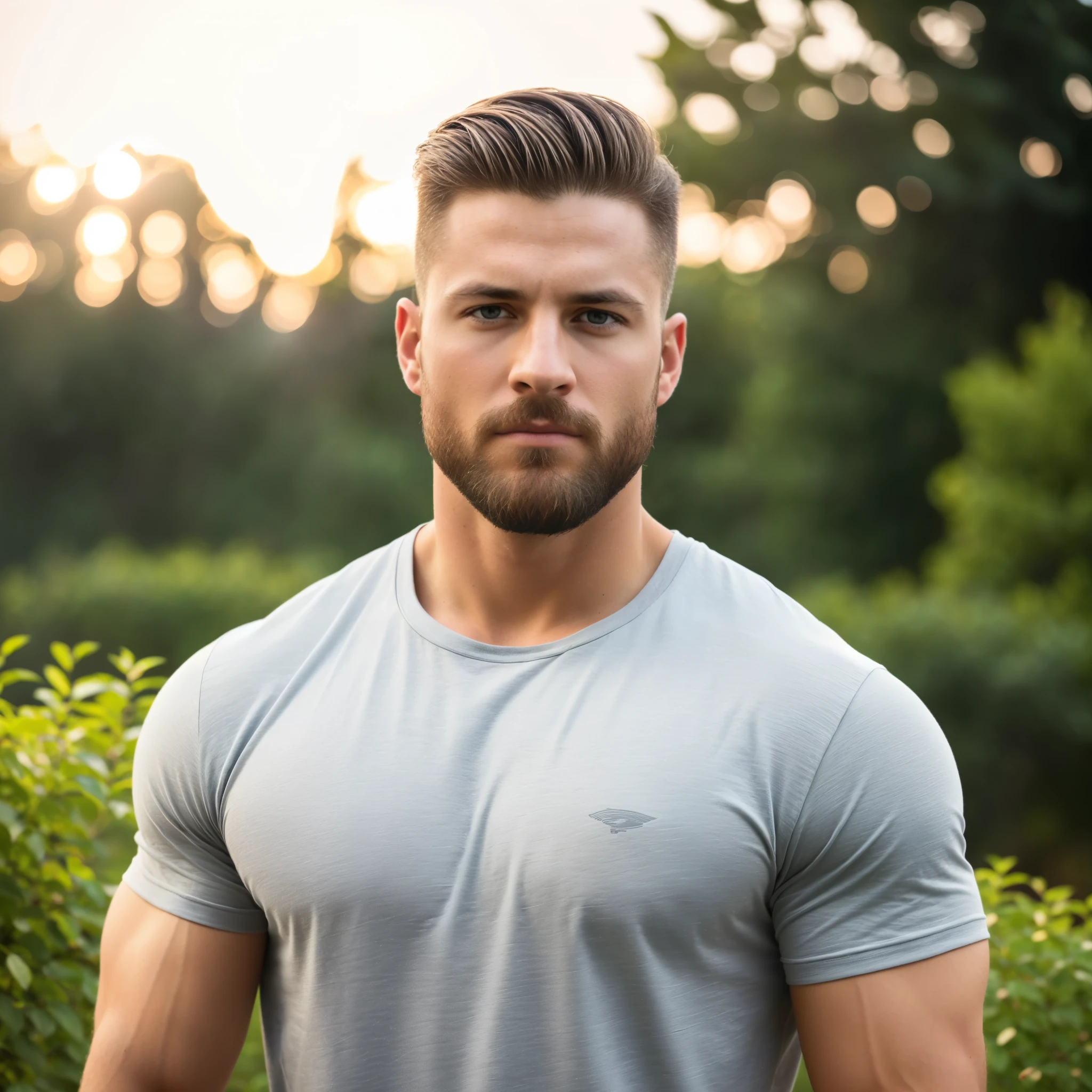 1man, A lateral medium shot of a charismatic male fitness model, 30 years old，small beard, upset expression，gloomy eyes，Blue eyes, captured in a garden, wearing a t-shirt, grey pants, golden hour lighting, cinematic and moody, (best quality,4k,8k,highres,masterpiece:1.2),ultra-detailed,(realistic,photorealistic,photo-realistic:1.37),HDR,studio lighting,professional,vivid colors,dramatic lighting