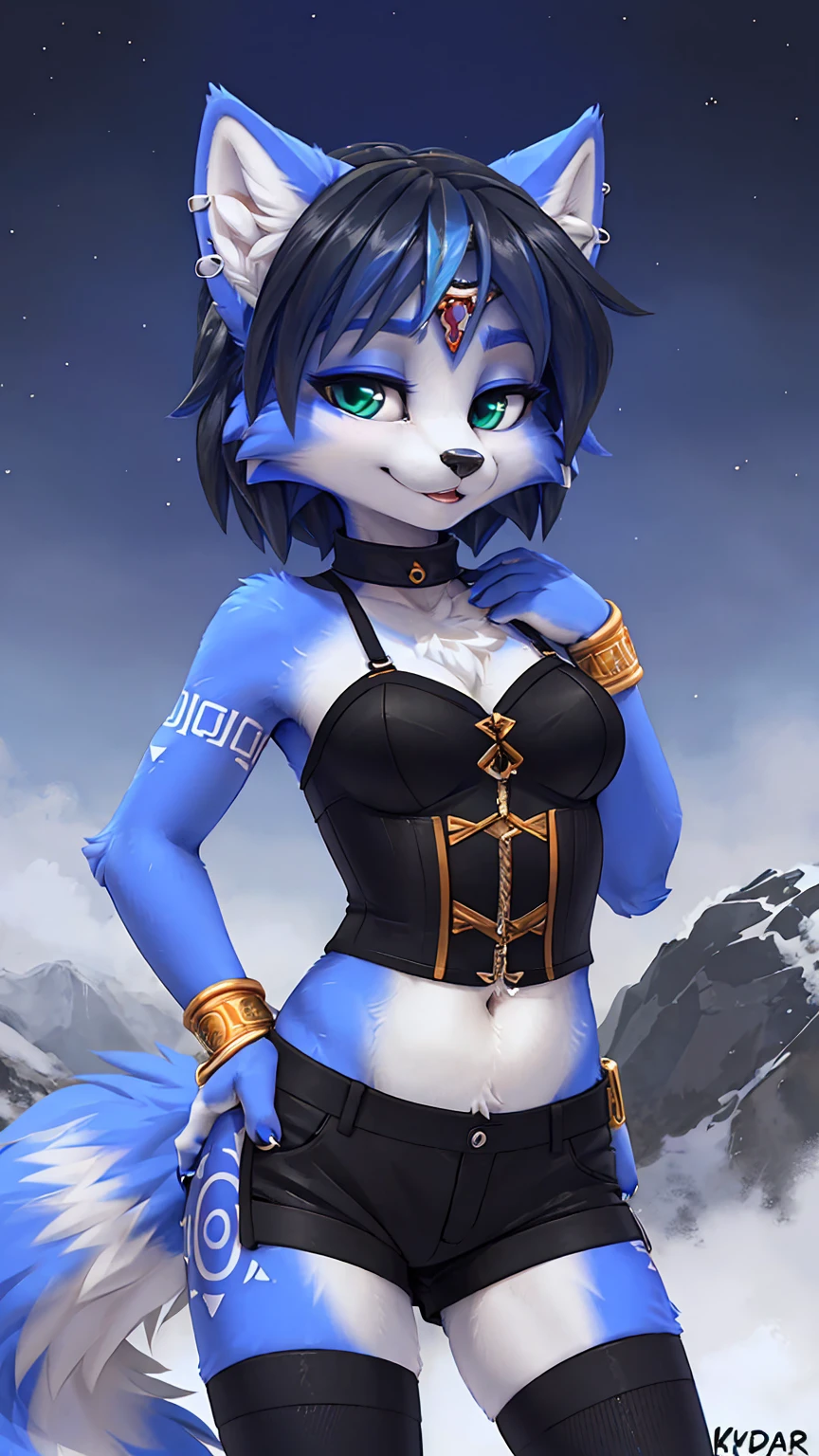 A beautiful and detailed (sweet portrait) wa ((krystal)), Star Fox Krystal, slim, lovable, green eyes, medium breasts, (((Long blue hair 1.3))),  ((black hair tips)), anthro, Fuzzy, Uploaded E621, detailed fluffy fur, (wa Fluff-Kevlar, Bayard Wu, personalize me, Pino Daeni), detailed face, (fluffy), 1 girl, Alone, expressionless, eyes half open, winks, gentle smile, black eyeliner, ear piercings, wears a black corset, black short shorts, mesh leggings, black stiletto boots, one hand on the hip, seductive model pose, outdoors, simple background,