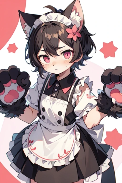 Male, black hair、Very short hair and droopy eyes、Pink eyes, cat ears, animal hands, blushing, young, short sleeves、The skirt is short、Maid uniform