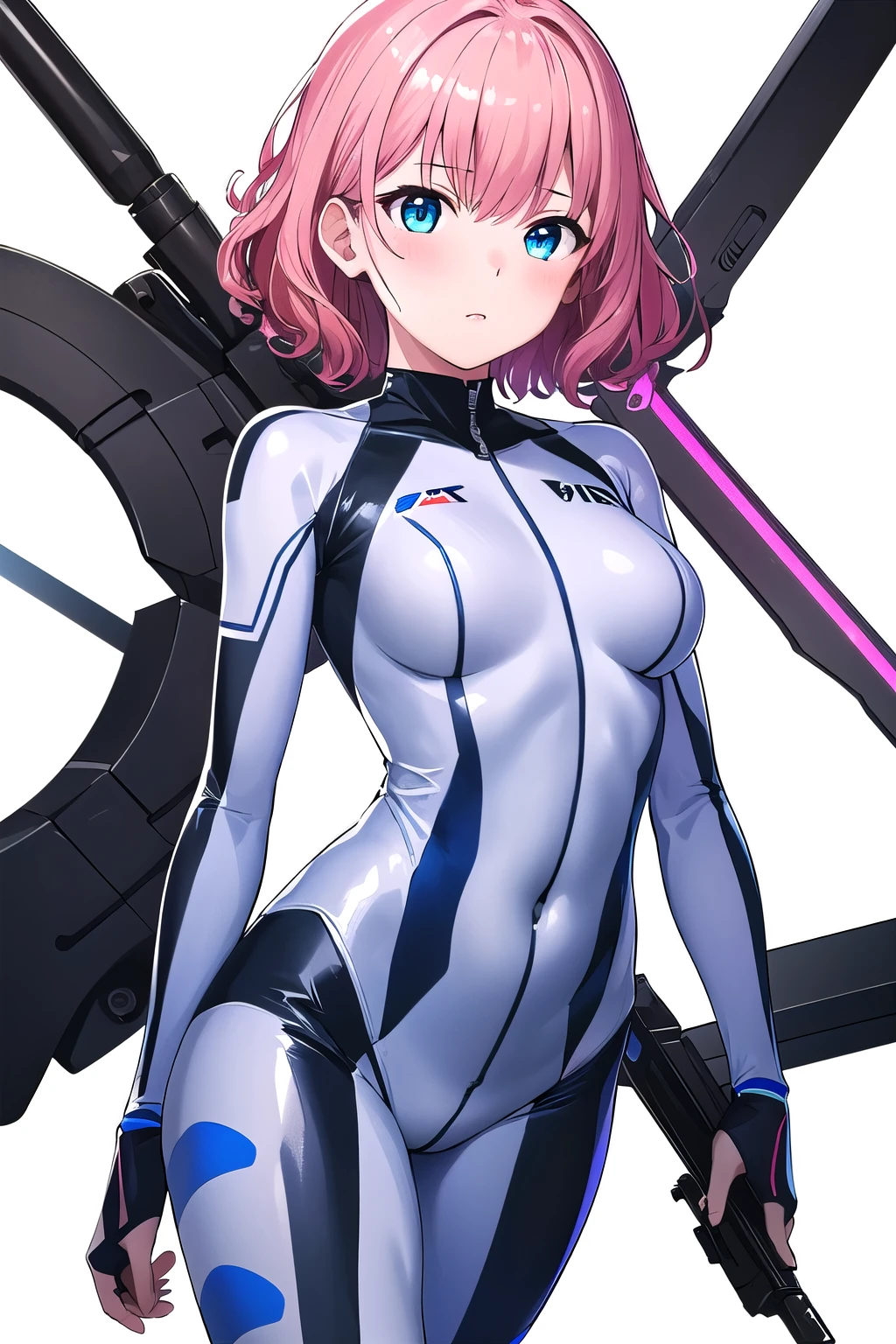 girl,boyish, very short hair, pink Hair, medium Breasts, glossy tight zero suit,Cowboy Shot,blush,sexy face,blue eyes,front leg pose,Tight fit,clearly,Striped pattern, (white background:1.3), aroused face, lie on one's back