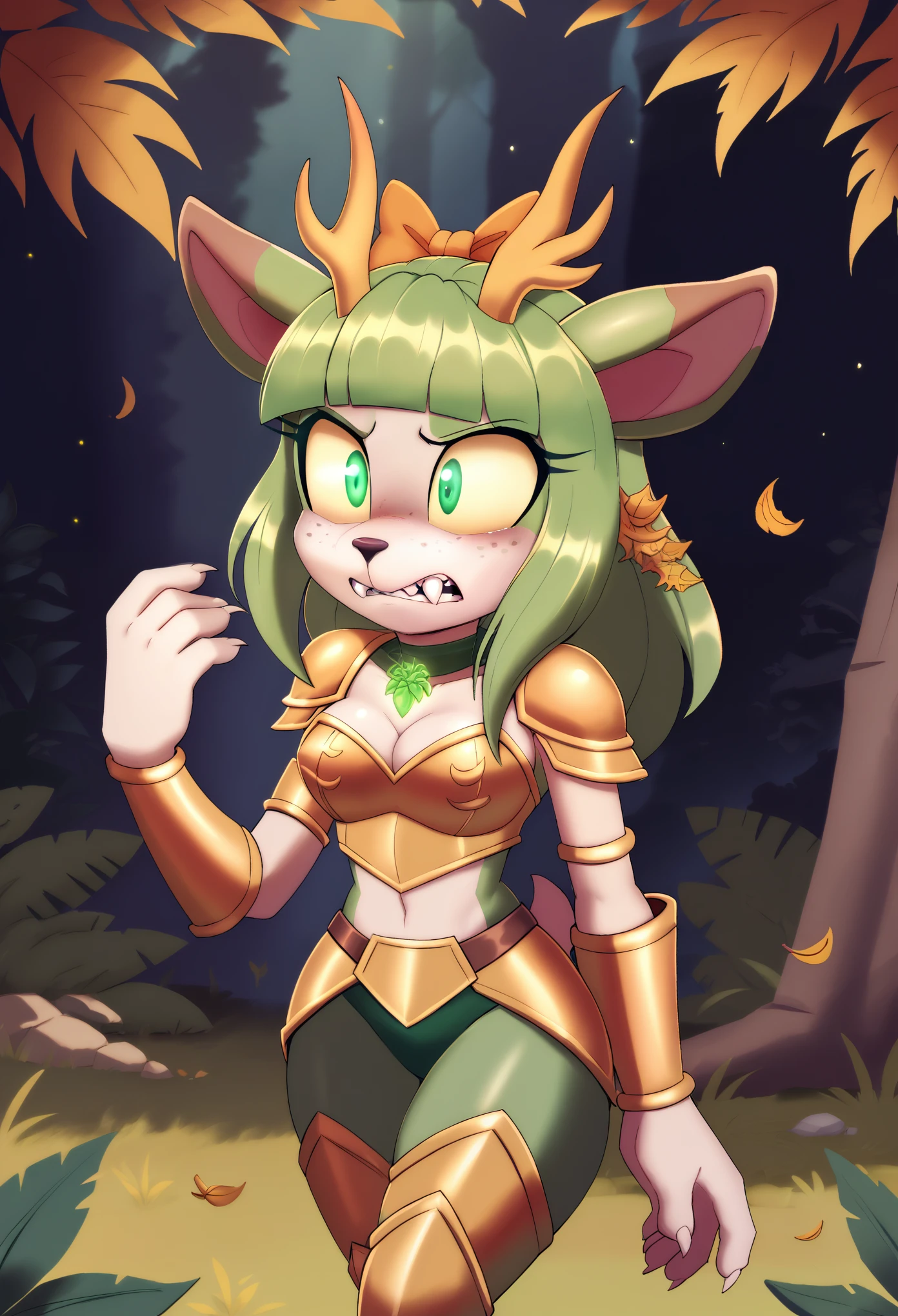 1girl, female deer, mobian, anthropomorphic, holy white fur, delicate golden antlers, leaf armor, natural armor, minimalistic armor, grass armor, foliage armor, plant-based armor, lightweight armor, organic armor, nature-themed armor, green leaf texture, woven leaves, leaf-patterned design, ethereal armor, enchanted armor, mystical nature armor, nature-inspired outfit, eco-friendly armor, soft leaf fabric, minimal coverage, exposed midriff, vine details, organic shapes, light and flexible, fantasy leaf armor, natural warrior attire, green and gold accents, glowing verdant green eyes, shy scared expression, curved buck-teeth, surrounded by stars, vines wrapped around legs, standing in a mythical rainbow forest, verdant green leaf-like bow, rainbow gem engraved on forehead, peaceful yet magical atmosphere, ethereal lighting, fantasy aesthetic, natural scenery, soft colors, high quality, intricate details, vibrant colors, fantasy vibes delicate features, verdant green eyes, Yellow sclera, detailed face, extremely detailed eyes, masterpiece, 4k, 8k, high-res, ultra-detailed, physically-based rendering, vivid colors, studio lighting cinematic lighting, dramatic lighting, fantasy, dramatic composition, dynamic pose, volumetric lighting, cleavage, perfect ass, great hips, cleavage, C-cups, Perfect breasts, shapely figure, sharp teeth, long fangs, vampire fangs, sharp fangs, fur collar, cloud-like fur around neck, wrapped fur around neck, snug fit, soft fur, Blue fluffy fur, glowing runes, ethereal runes, rune-covered body, jewelry, bangs, hair ornament, spectral butterflies surround her, Verdant Green hair bow, verdant green choker, tight choker, intricate details, glowing magical energy, Ethereal runes, glowing eyes, freckles, mystical forest, breathtaking scenery, shy expression, frown, scared expression, scared, short, chibi, Full bod