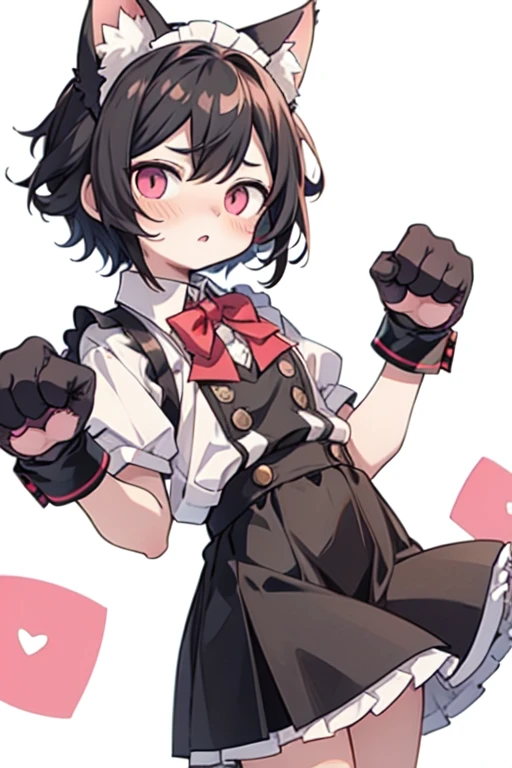 Male, black hair、Very short hair and droopy eyes、Pink eyes, cat ears, animal hands, blushing, young, short sleeves、The skirt is short、Maid uniform