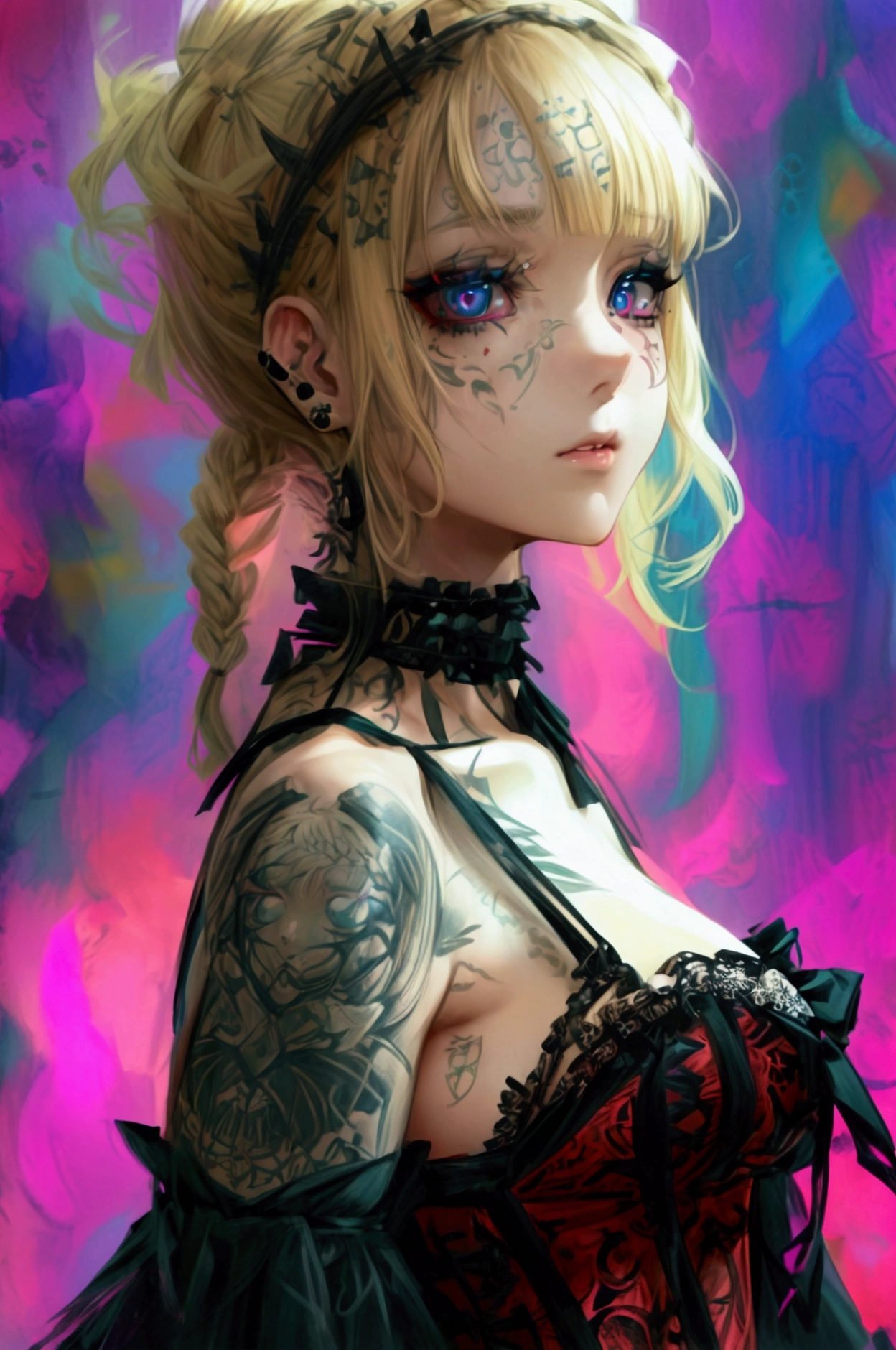 Clear and detailed facial features, beautiful woman, blonde hair, braided, elegant gothic make-up, large expressive eyes, intricate tattoos, wearing a disheveled gothic-style corset minidress, shoulder straps, half jacket, falling off ahoulders, beautiful features, exquisite design, stunning artwork 