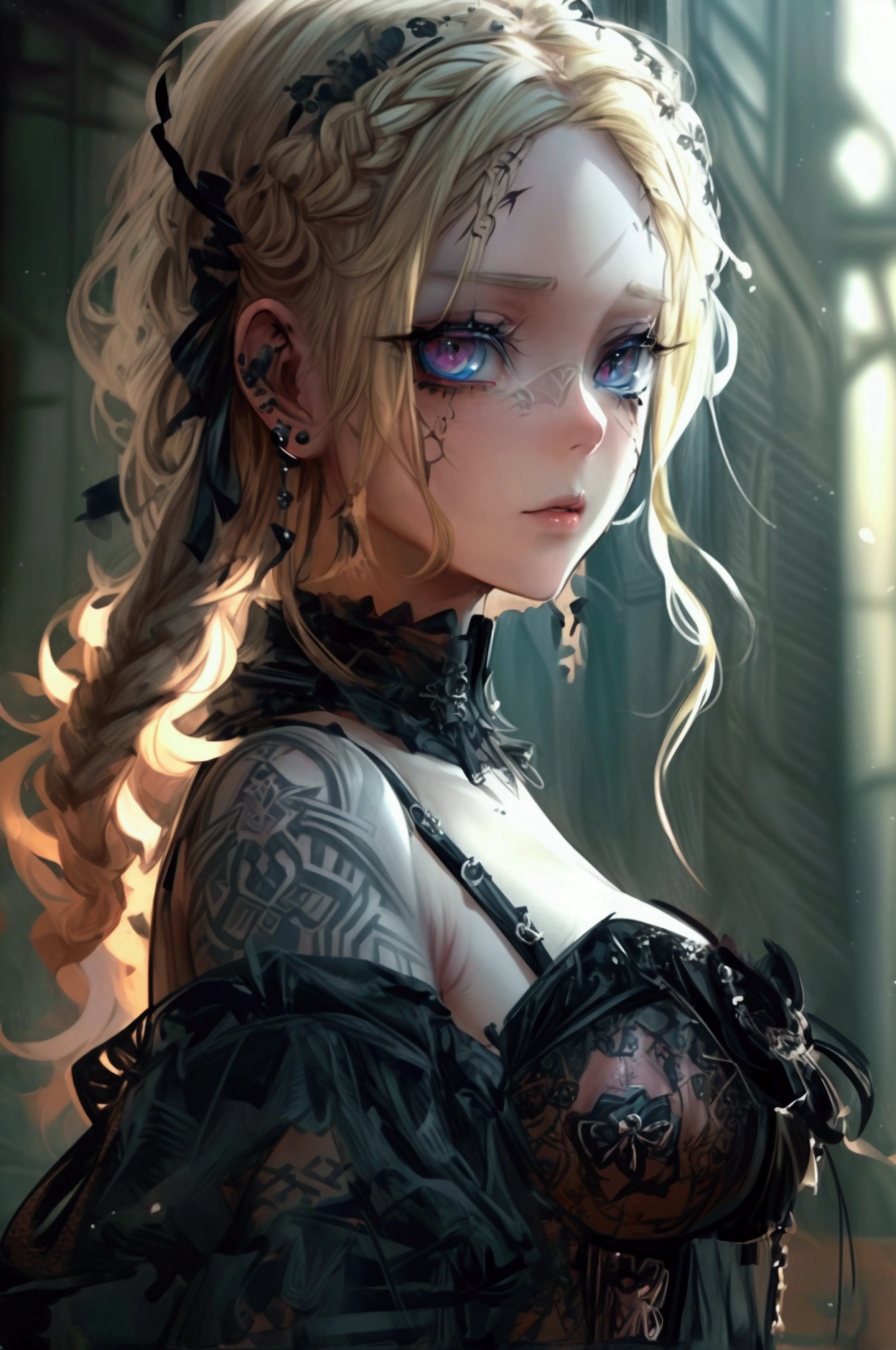 Clear and detailed facial features, beautiful woman, blonde hair, braided, elegant gothic make-up, large expressive eyes, intricate tattoos, wearing a disheveled gothic-style corset minidress, shoulder straps, half jacket, falling off ahoulders, beautiful features, exquisite design, stunning artwork 