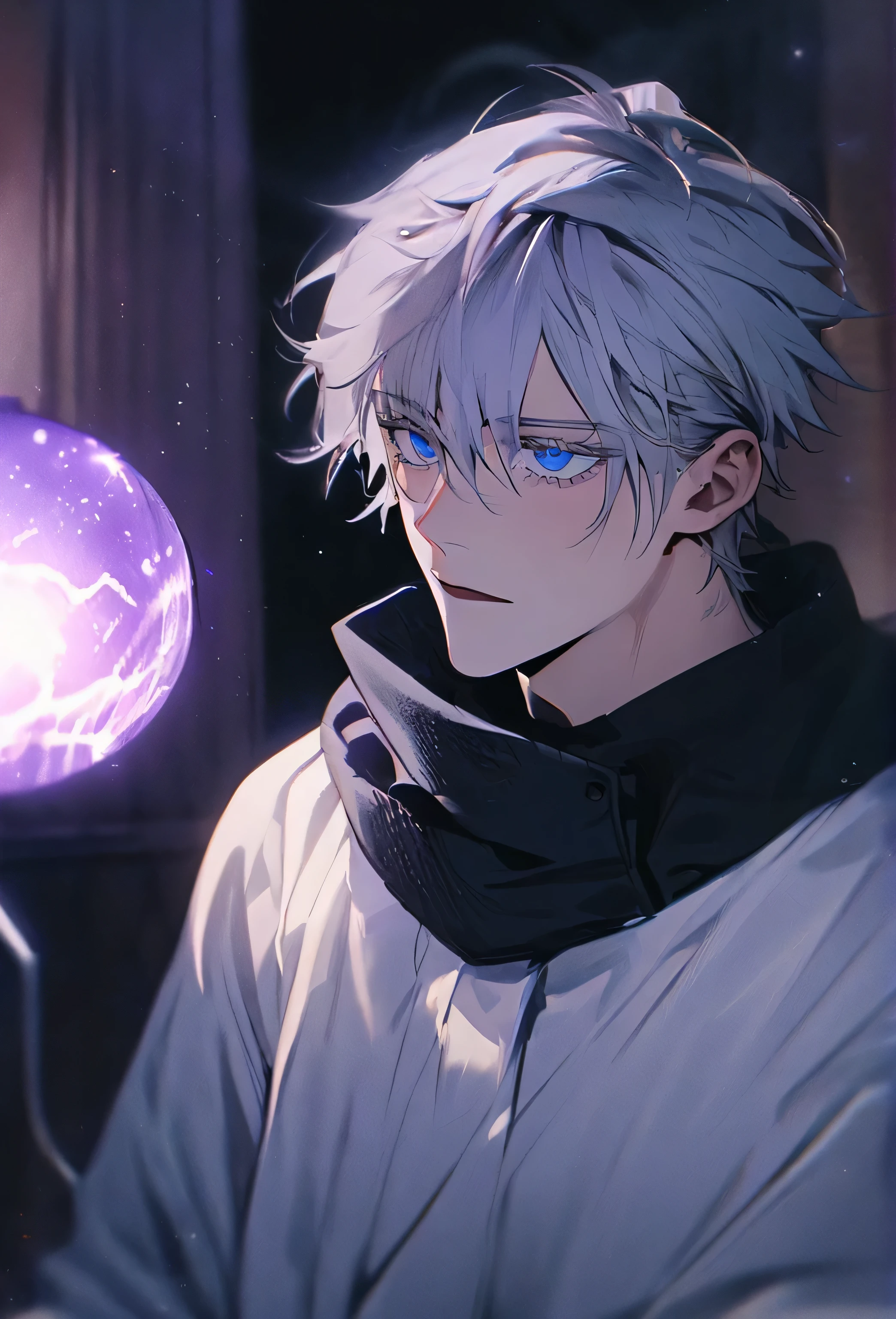 Absurd, High resolution, Super detailed, High resolution, masterpiece, Best Quality, Satoru Gojo, Gray Hair, Short Hair, Blue Eyes, Expressive blue eyes, White eyelashes, Jujutsu Kaisen, Alone, Sexy man, good looking, White Haori, Black tight shirt, Black scarf, Fantasy, Magical, Sparkling, The Shining, Purple Lightning, Floating round light, Starry Sky, Empty, Purple butterfly々, Purple Moon