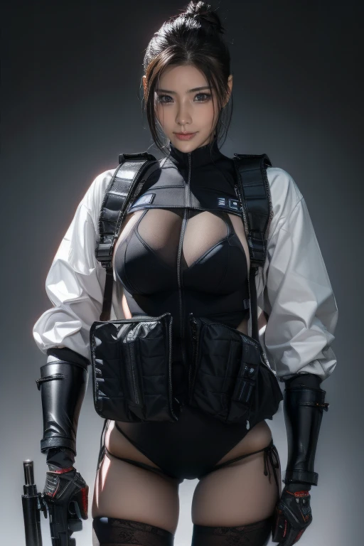 Best Quality、Amazing details、Ultra-high resolution、（realism：1.4）、（（close：0.75））、One woman is very condensed、Beautiful and delicate face、Perfect Proportions、Narrow your target audience、Large Breasts）、Brown Hair、（Light blue battle suit）、（Cyborg Vs.. Police uniform、、、Black and grey mech、Military Harness、RPG-7 (English)、Hitch Tech Flamethrower Tank Transport）、The background is a simple gray wall、