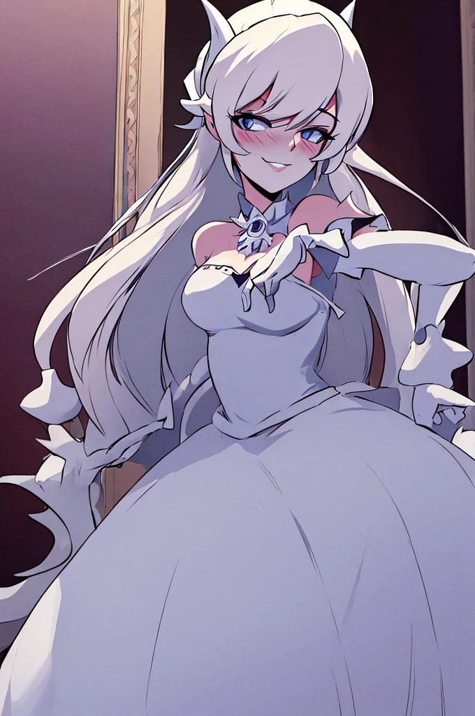 ((masterpiece,best quality)), absurdres, Boosette_Mario, 1girl, long hair, white hair, long white dress, ballroom dress, white gloves,  solo, smiling, blushing, looking at viewer, cowboy shot,  cinematic composition,