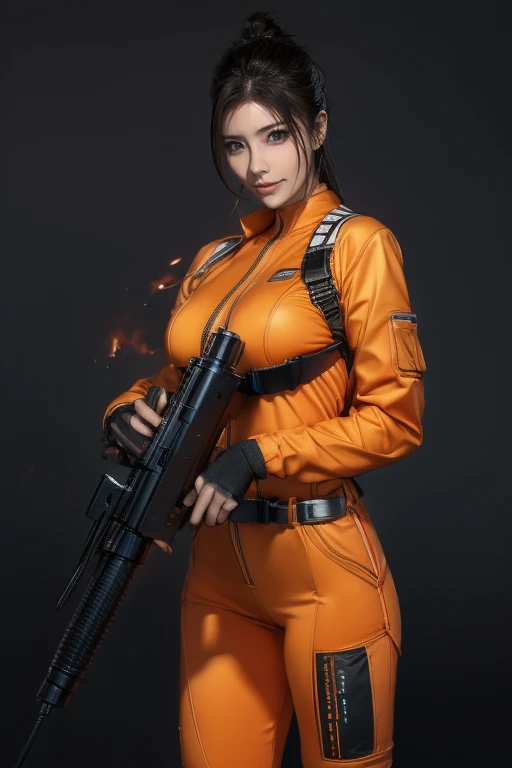 Best Quality、Amazing details、Ultra-high resolution、（realism：1.4）、（（close：0.75））、One woman is very condensed、Beautiful and delicate face、Perfect Proportions、Narrow your target audience、Large Breasts）、Brown Hair、（Orange Tech Suit）、（Cyborg Vs.. Police uniform、、、Black and grey mech、Military Harness、RPG-7 (English)、hitch technology flamethrower tank transport）、The background is a simple gray wall、