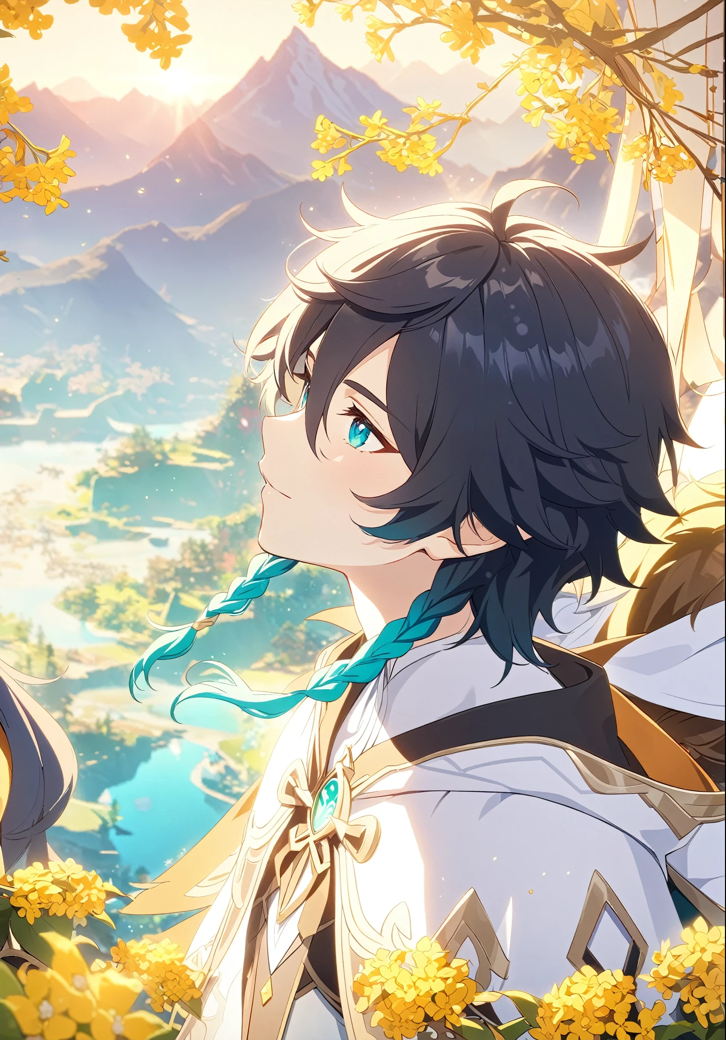 (best quality,4k,8k,highres,masterpiece:1.2),2boys,couple,zhongli_/(genshin_impact/) embracing venti_/(genshin_impact),male focus,intricately detailed,by carnelian, cel shading, fantasy china background, liyue, mountains,osmanthus flowers,male focus,romantic pair,volumetric lighting, sunset, golden illumination, wise and kind god,cinematic lighting, ray tracing, UHD, high details, high quality, award winning, super detail,vivid fantasy painting,hd color,size_difference,flat chest,close up,on a date,extremely detailed eyes and face, beautiful detailed eyes,light on face,shine skin,dark hair