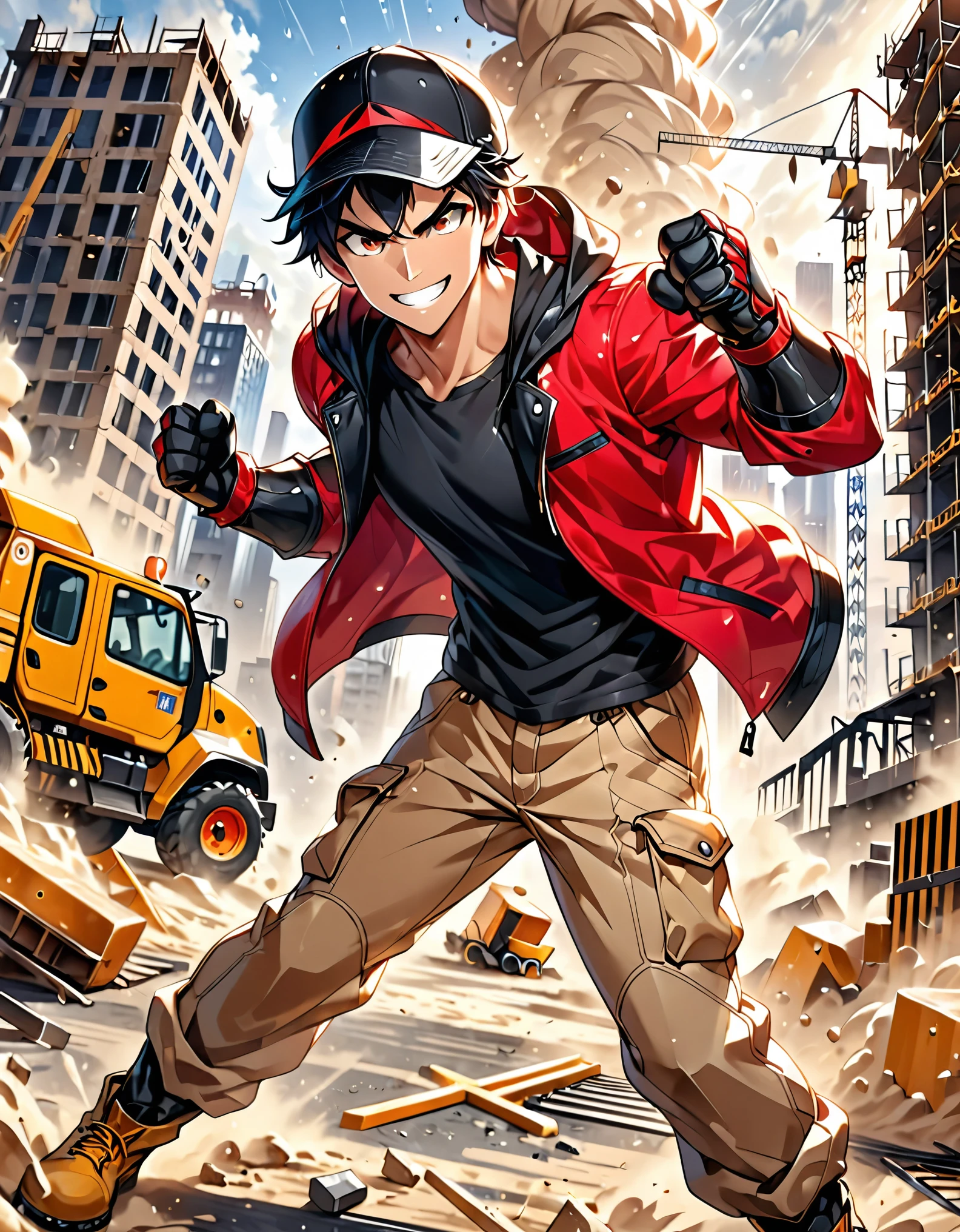 masterpiece, best quality, high res, 8k, highly detailed, professional, slim but muscular build, (mid-twenties adult male), tall body, 1male, male focus, solo, solo focus, construction worker, trucker hat, black t-shirt, (two-tone raincoat, red jacket, (black jacket), open jacket, hood down), beige cargo pants, worker boots, (jet black hair, short hair, wavy hair, braid), dark brown eyes, v-shaped eyebrows, big grin, an excited expression, clenched fists, fist to the ground, (fist gauntlets, dust particles), (dynamic superhero landing pose), Brooklyn, construction site, parking lot, action scene, dutch angle, dutch angle, perspective, cowboy shot