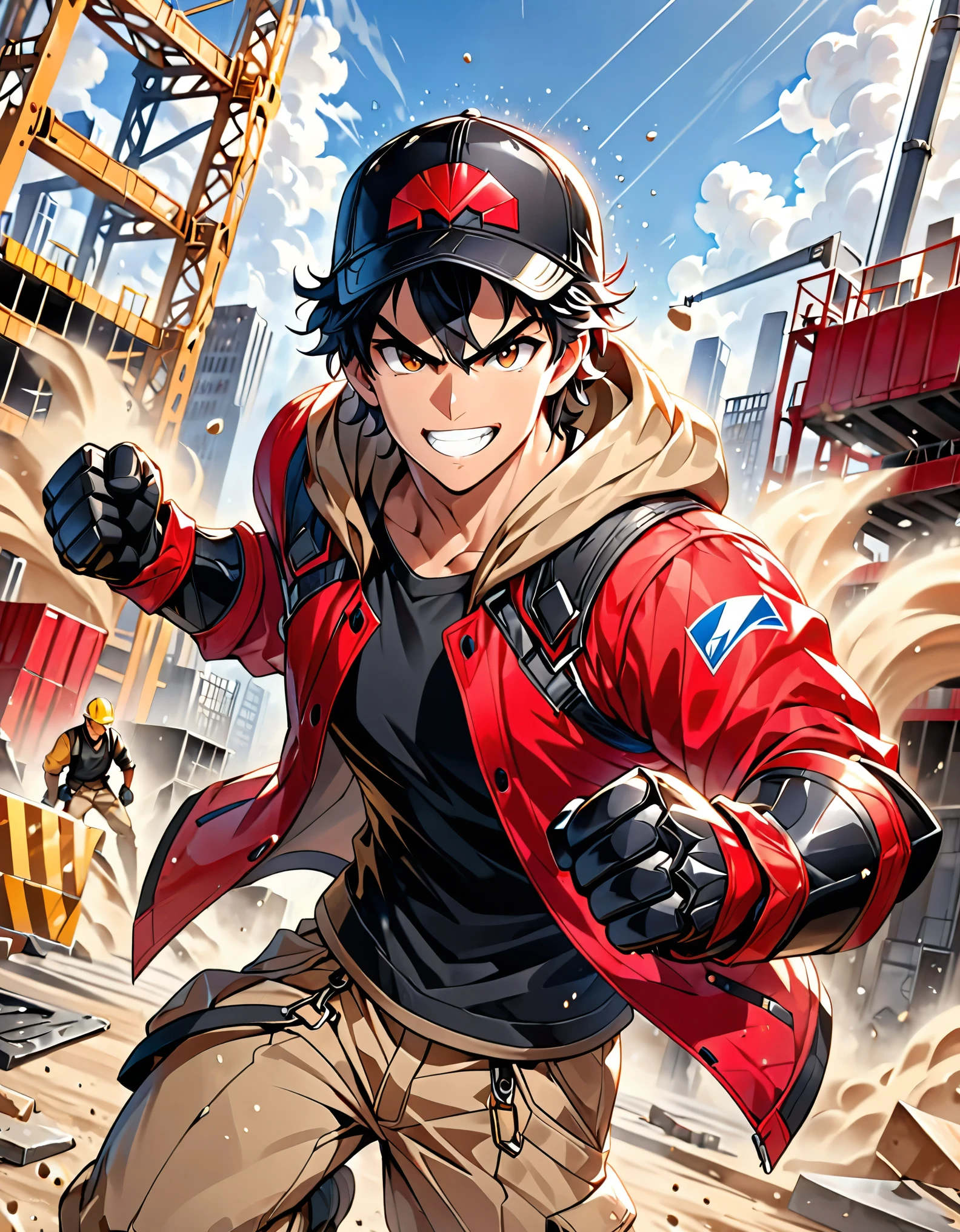 masterpiece, best quality, high res, 8k, highly detailed, professional, slim but muscular build, (mid-twenties adult male), tall body, 1male, male focus, solo, solo focus, construction worker, trucker hat, black t-shirt, (two-tone raincoat, red jacket, (black jacket), open jacket, hood down), beige cargo pants, worker boots, (jet black hair, short hair, wavy hair, braid), dark brown eyes, v-shaped eyebrows, big grin, an excited expression, clenched fists, fist to the ground, (fist gauntlets, dust particles), (dynamic superhero landing pose), Brooklyn, construction site, parking lot, action scene, dutch angle, dutch angle, perspective, cowboy shot