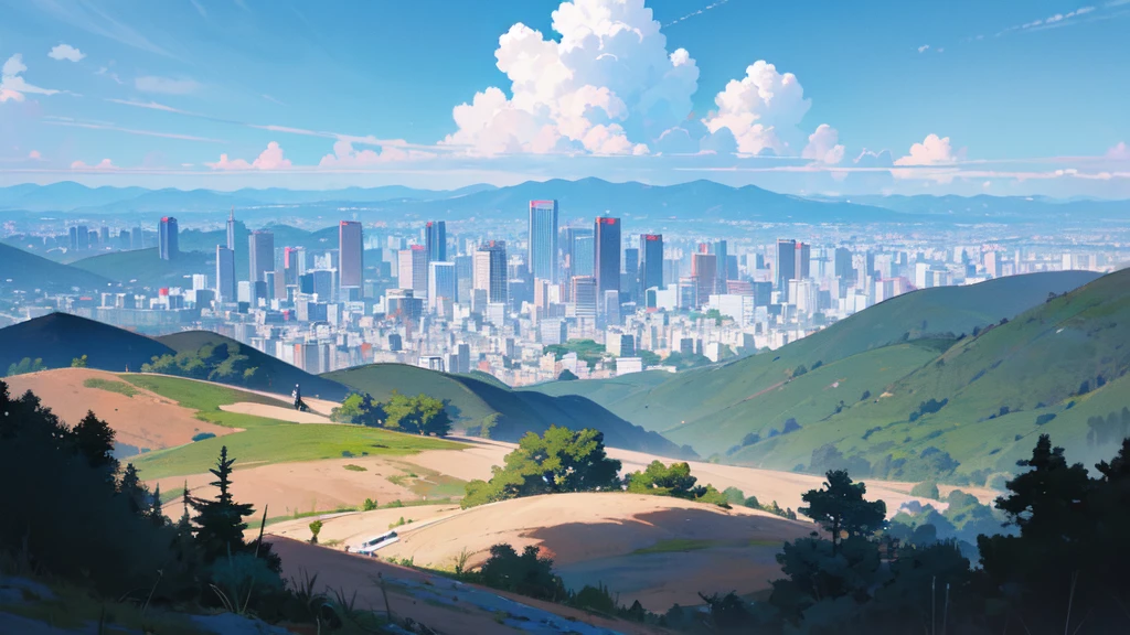 (masterpiece, best quality:1.2), no humans, landscape scenery, (grass:1.2), tree, skyscraper in the middle of nowhere, vine, flower, rose, blue sky, cloud