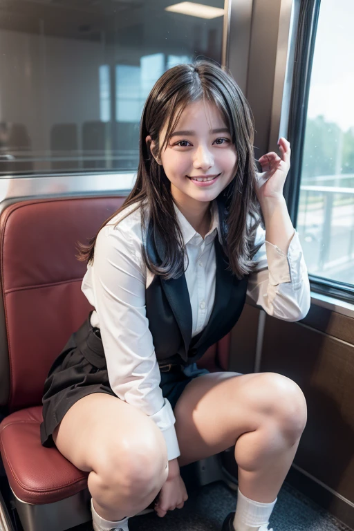 Best Quality, masterpiece, Ultra-high resolution, (reality: 1.4), Original photo, One Girl, Mature, White JK uniform, Happy smile, , Squatting on a train seat,  Cinema Lighting