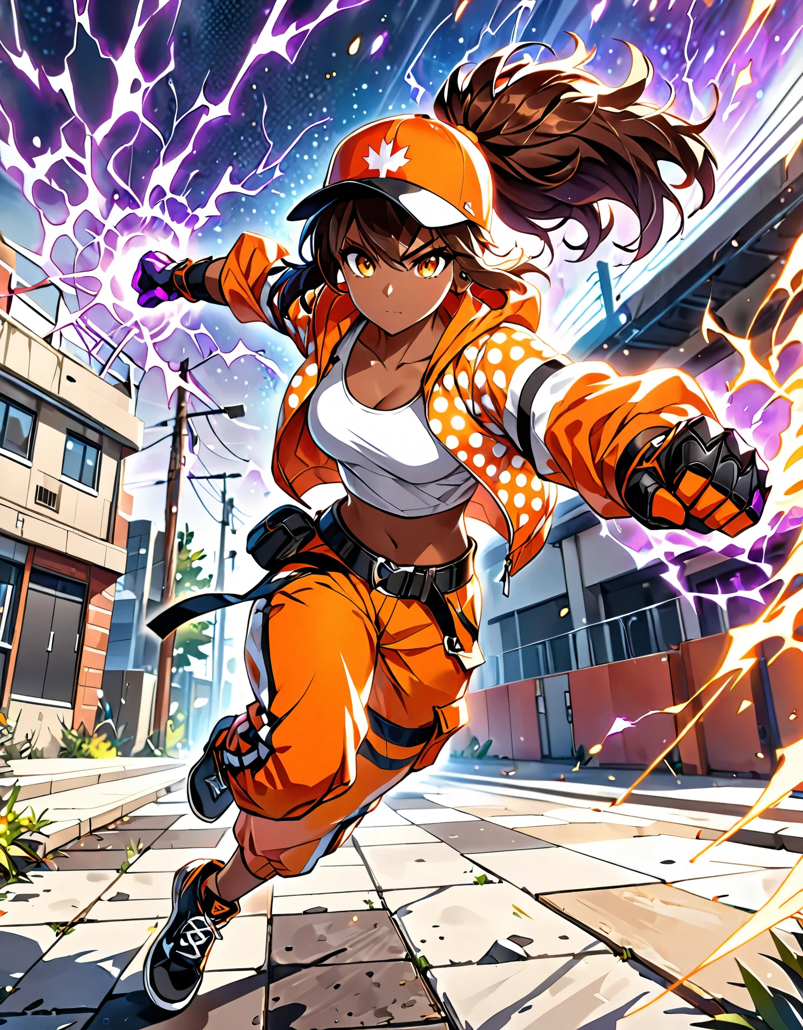 masterpiece, best quality, high res, 8k, highly detailed, professional, cute and attractive girl, collage-aged female, 1girl, solo, solo focus, dark-skinned female, parkour athlete, workout white tank top, (yellow and orange polka dot windbreaker:1.2), backwards baseball hat, orange cargo pants with red stripes, (two-tone hair, jet black hair, (brown hair)), medium hair, ponytail, orange eyes, beautiful eyes, Canadian, dynamic parkour running pose, full body with costume, black leather belt, tactical pouches, purple tactical gloves, (fist gauntlets, purple electricity, light particles), Capoeira fighter, action scene, no humans, gust winds around her, dutch angle, perspective, cowboy shot