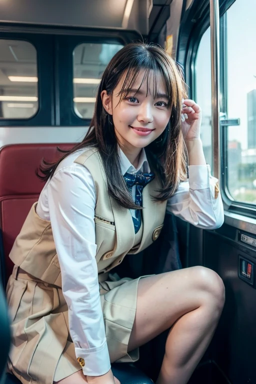 Best Quality, masterpiece, Ultra-high resolution, (reality: 1.4), Original photo, One Girl, Mature, White JK uniform, Happy smile, , Squatting on a train seat,  Cinema Lighting