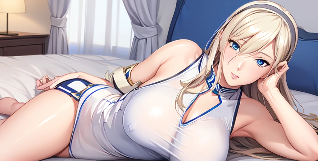 Celia\(Valkyrie\),,One girl, mature female, Alone,blue eyes,bedroom, pillow, 
Best Quality, masterpiece, Illustration, Detailed Background,Anatomically correct, (Fits your body,Sportswear,Sleeveless),solo,Lying on your back in bed,,