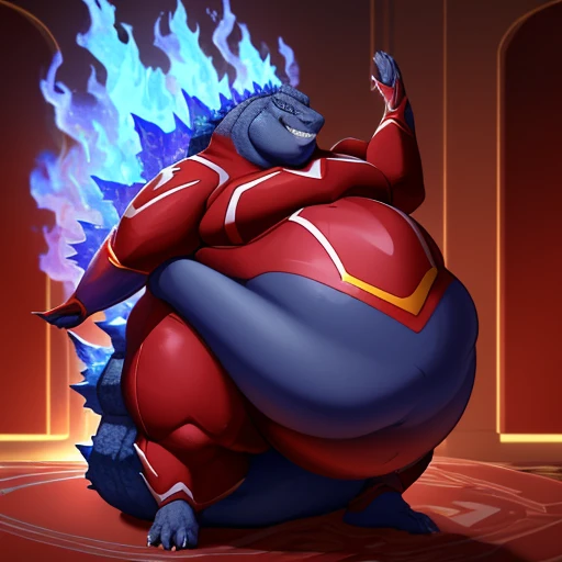 (solo:1.3) fat muscular (godzilla:1.3), (cocky grin:1.4), (emitting violet-blue flames:1.6), (elegant red superhero suit:1.8) (armored suit:1.6), (obese belly:1.8), (hands lifted up:1.3), (legs spread:1.5), (bedroom:1.5) (standing on floor:1.4), 8k, 1080P, masterpiece