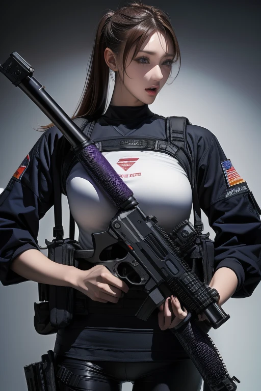 Best Quality、Amazing details、Ultra-high resolution、（realism：1.4）、（（close：0.75））、One woman is very condensed、Beautiful and delicate face、Perfect Proportions、Narrow your target audience、Large Breasts）、Brown Hair、（Purple Tech Suit）、（Cyborg Vs.. Police uniform、、、Black and grey mech、Military Harness、2 handguns (English)、Hitch Tech Flamethrower Tank Transport）、The background is a simple gray wall、